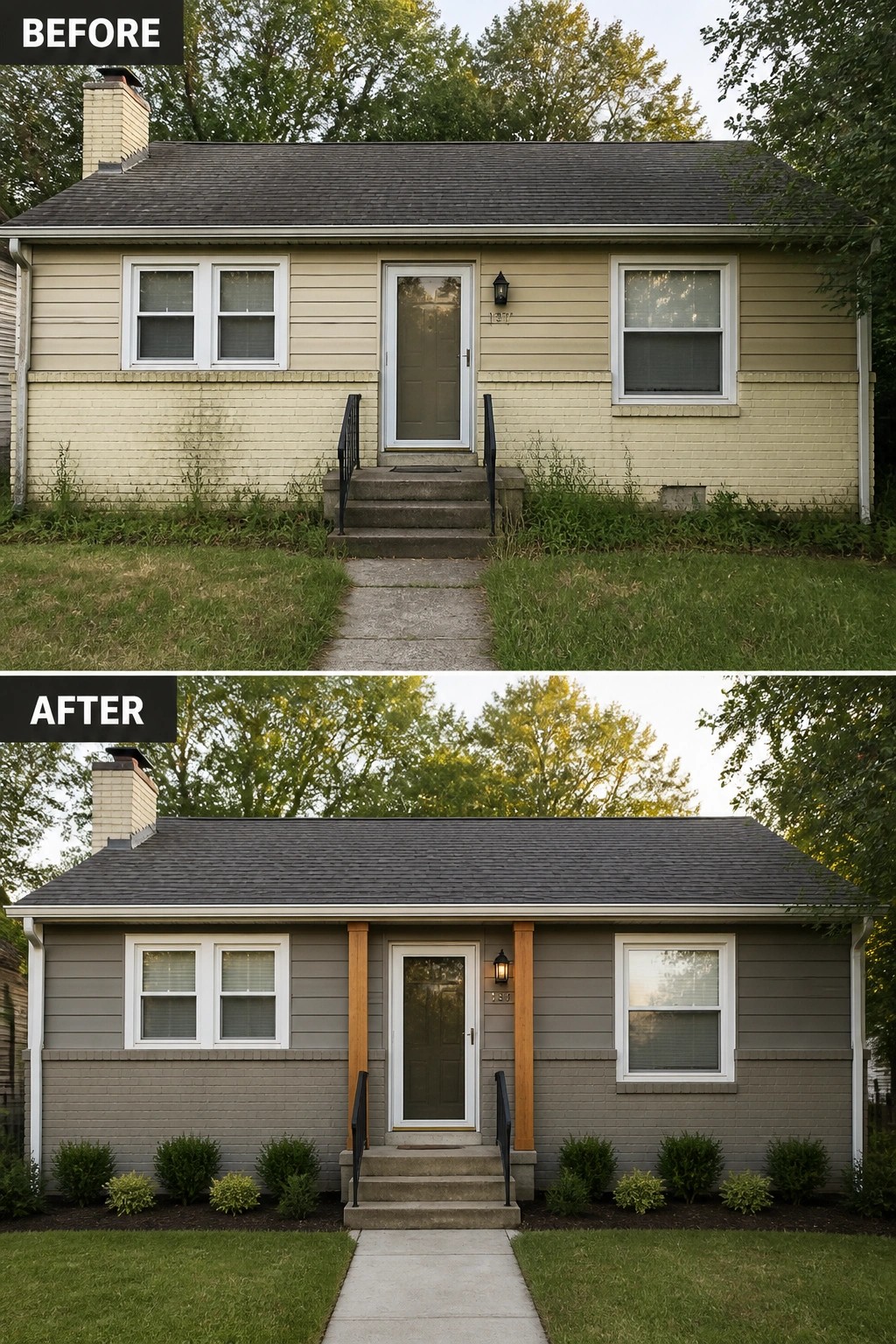 House exterior before and after makeover with gray siding, trim, and landscaping