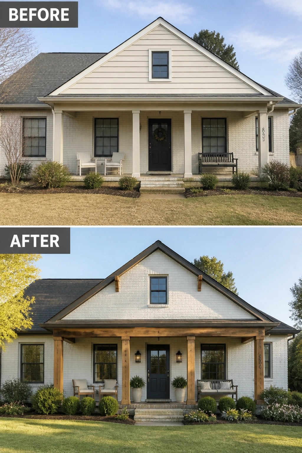 Before-and-after image of a house exterior showing the front porch updated with thick wooden posts and beams in place of thin white columns.