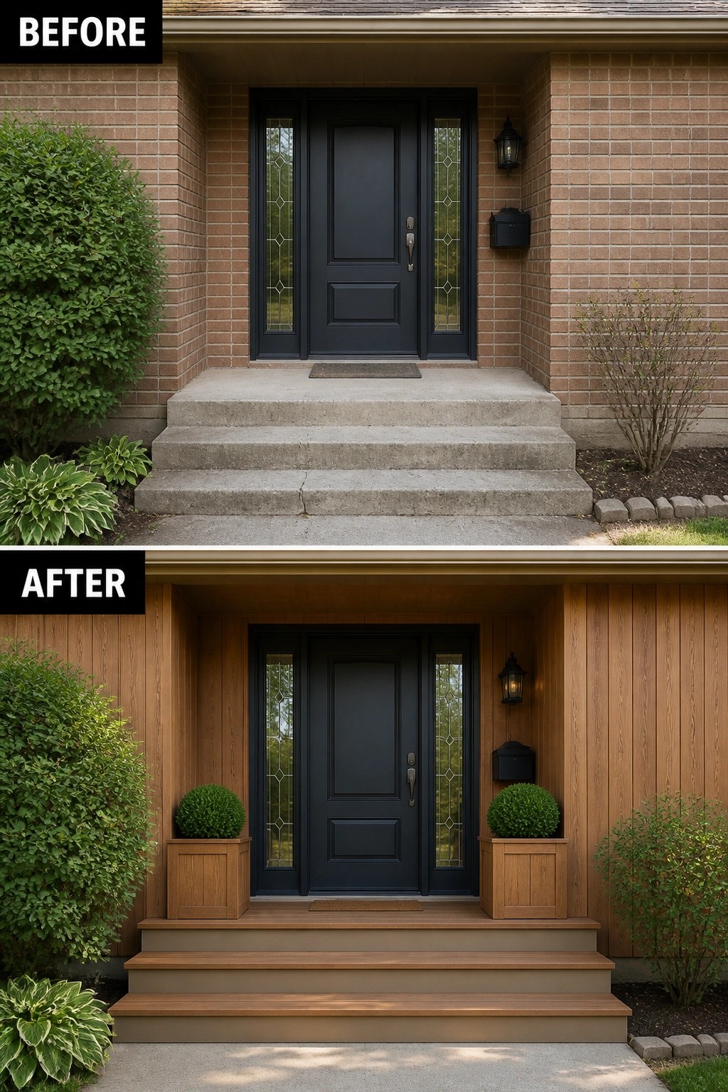 Before-and-after image of a brick house entry updated with wood siding, wooden steps, and planters on either side of the door.