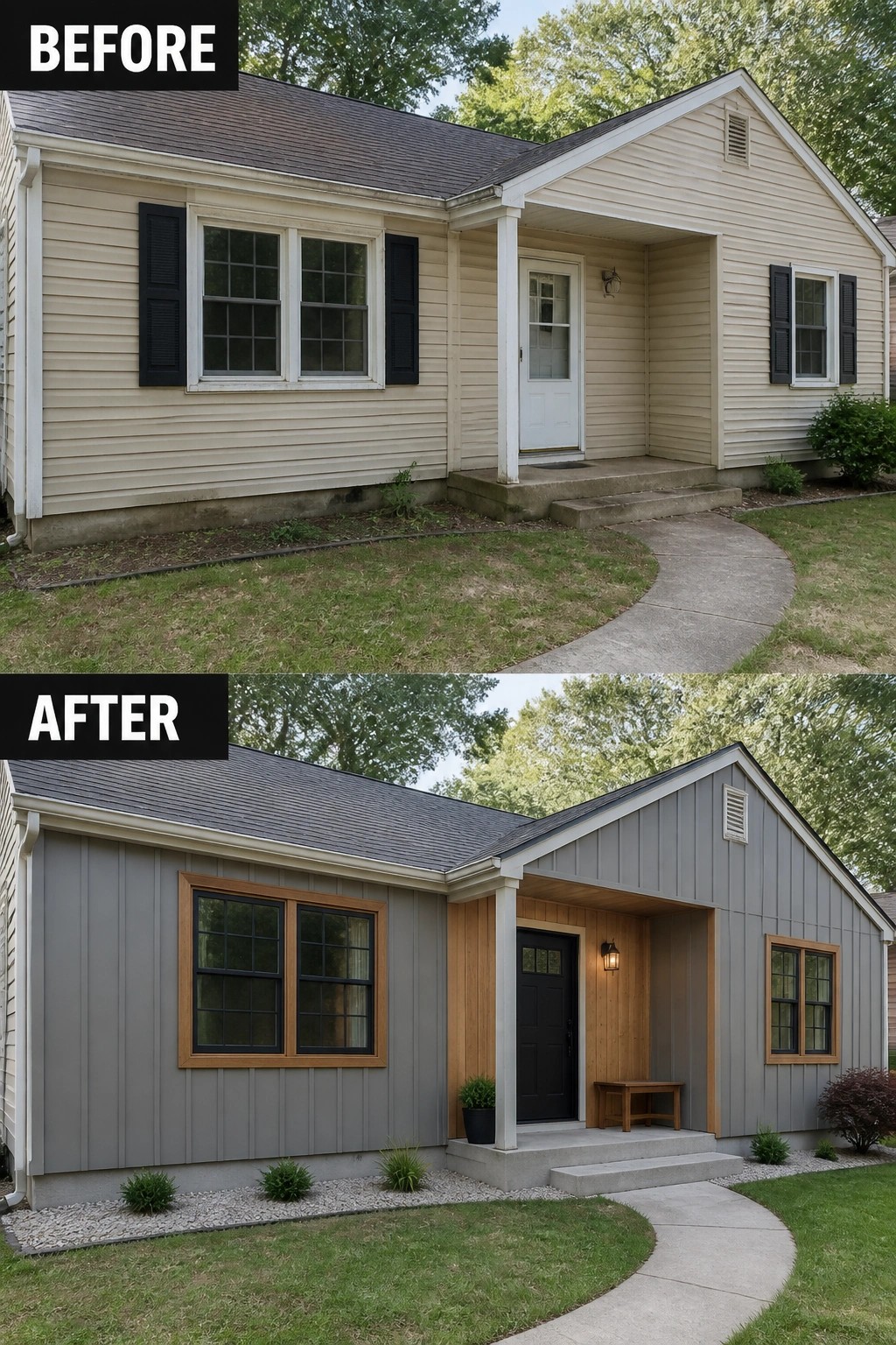 Before-and-after image of a house exterior changed from beige siding with black shutters to gray siding with wood accents and a black front door.