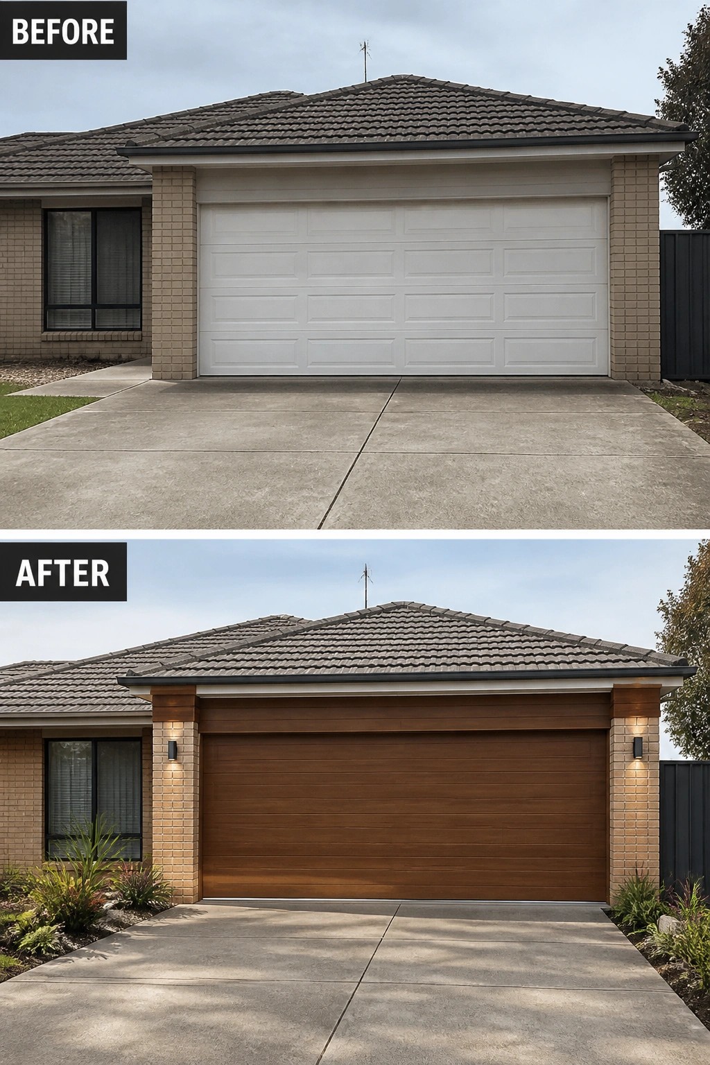Before and after of house with white garage door replaced by brown wood and lights