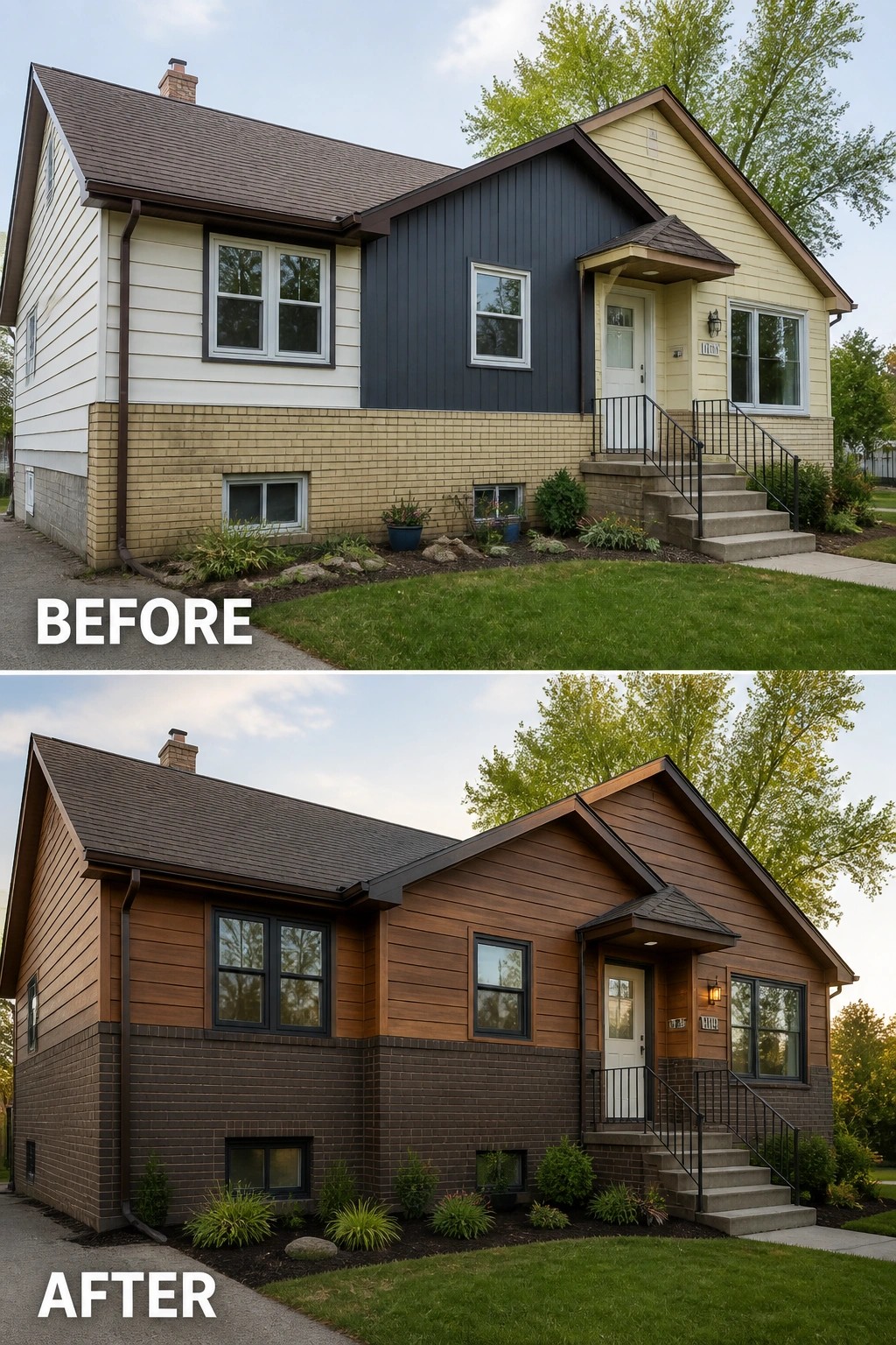 Before and after views of a house exterior remodel with new brown siding