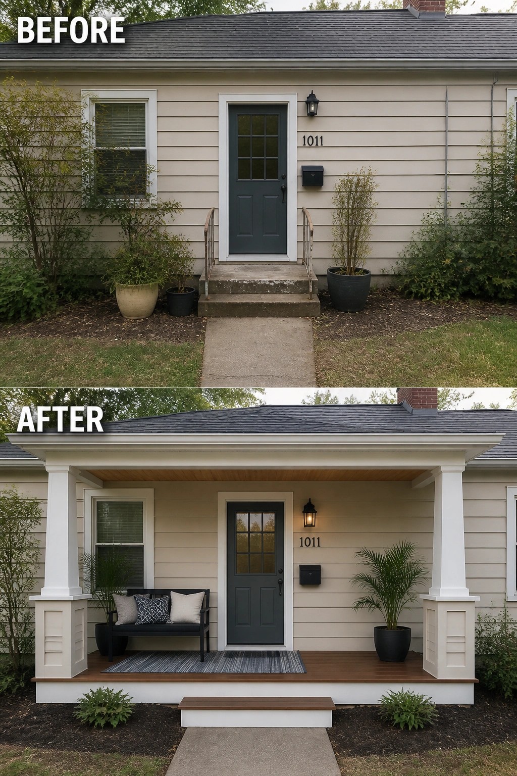 Before and after of beige house with new white porch, bench, and columns.