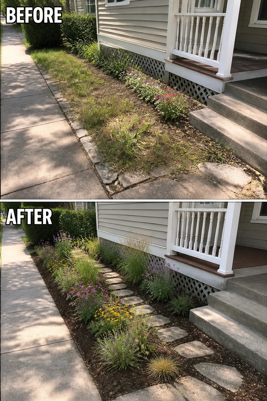 Before-and-after image of an overgrown foundation bed next to a house changed into a clean mulched garden with stepping stones and new plants.