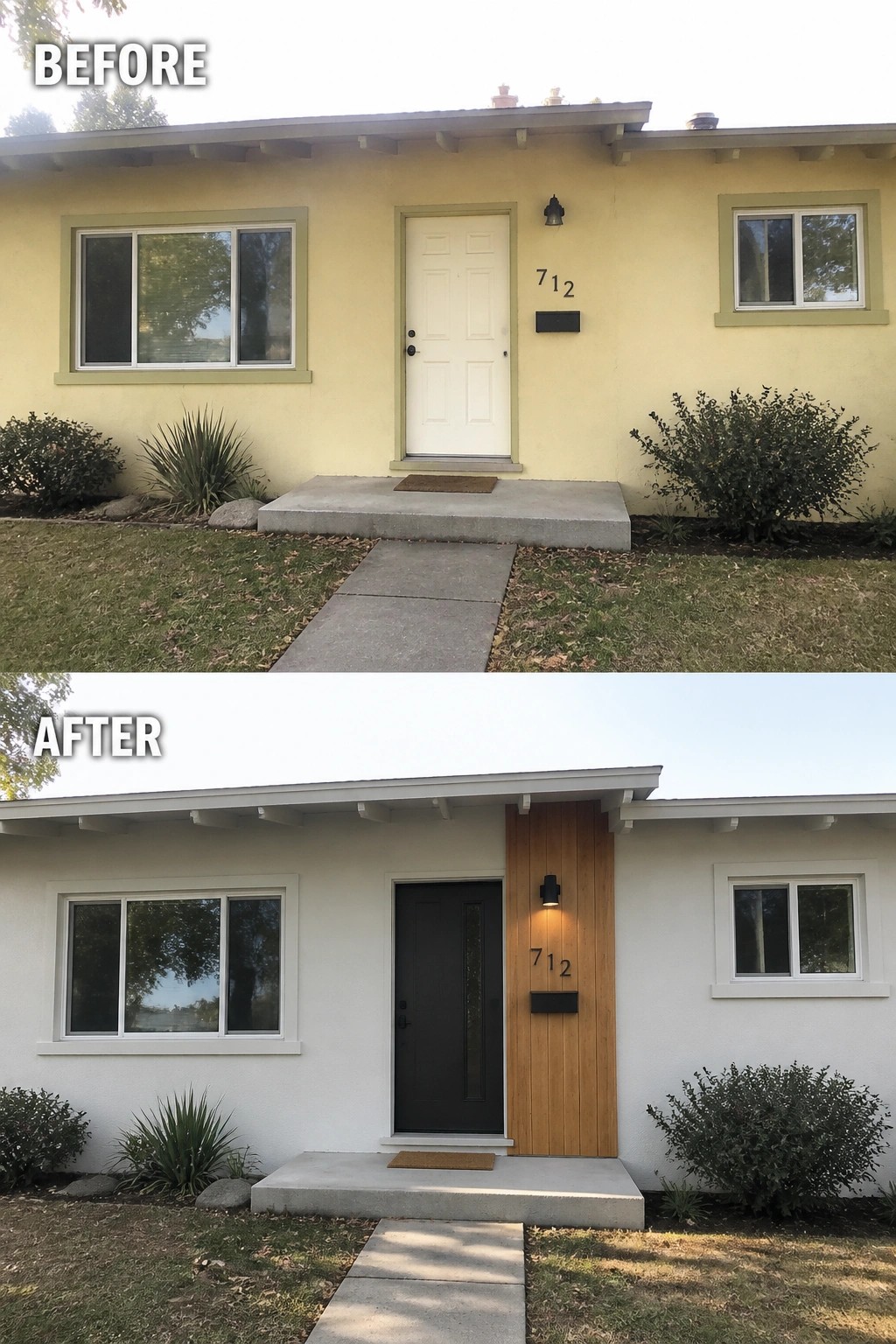 Before-and-after image of a house exterior showing a dated yellow front with a plain white door updated to a white exterior with a wood accent wall and a dark door.