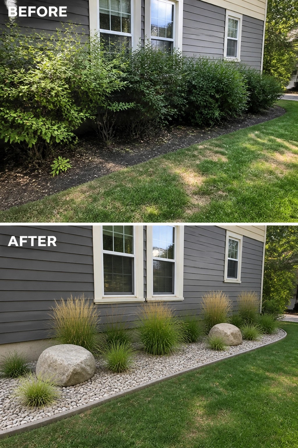 Gray house before and after: overgrown bushes replaced by grasses, rocks and pebbles