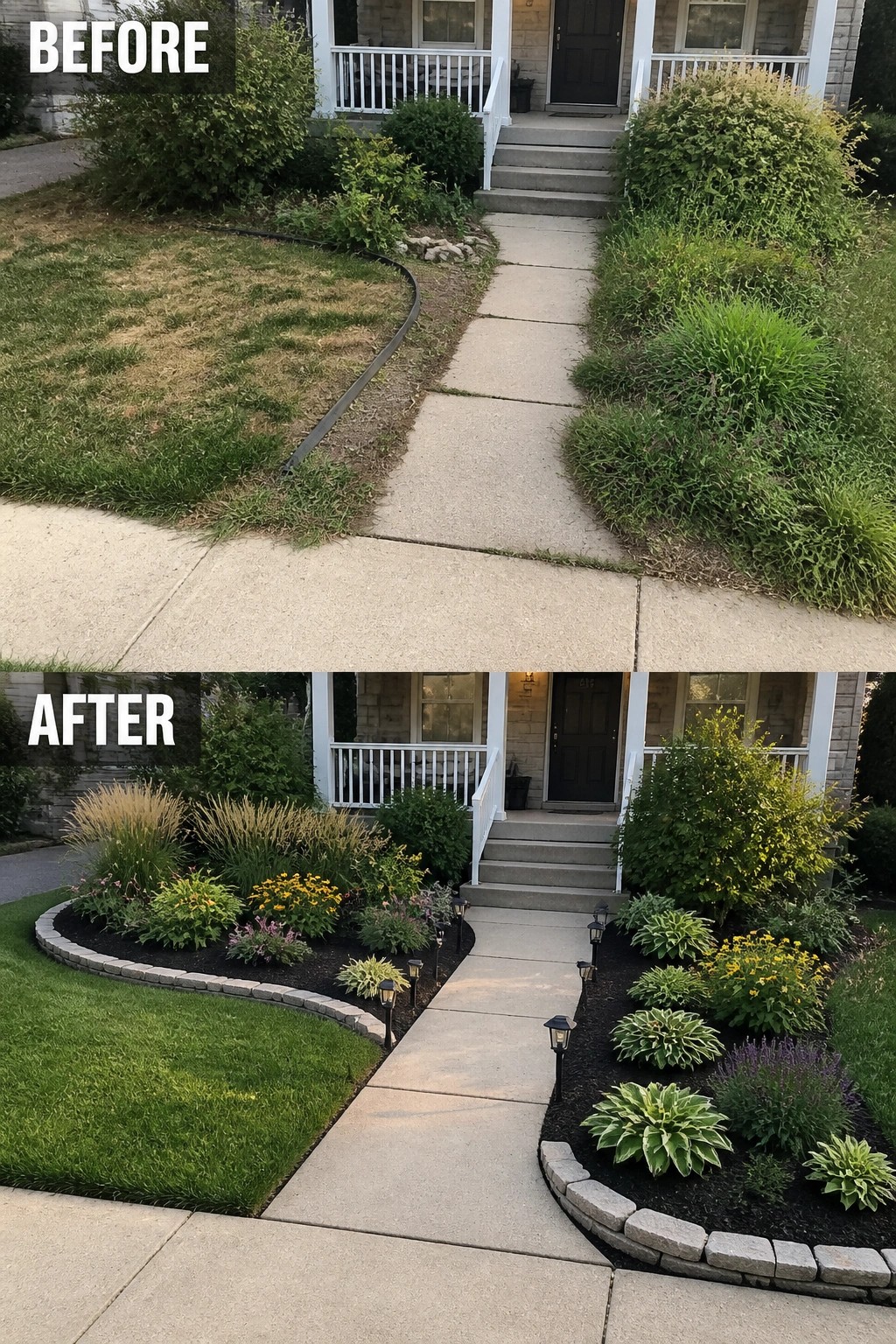 Before and after front yard landscaping with new flower beds, plants and lights
