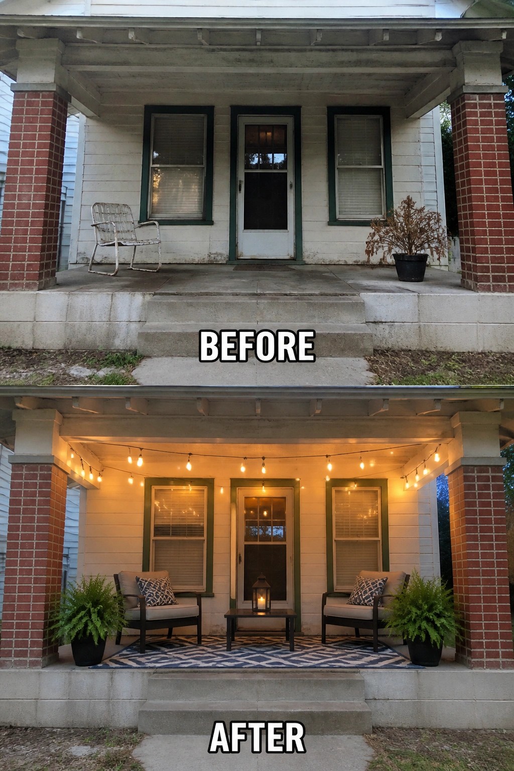 Before and after porch with string lights, chairs, rug, plants, and lantern