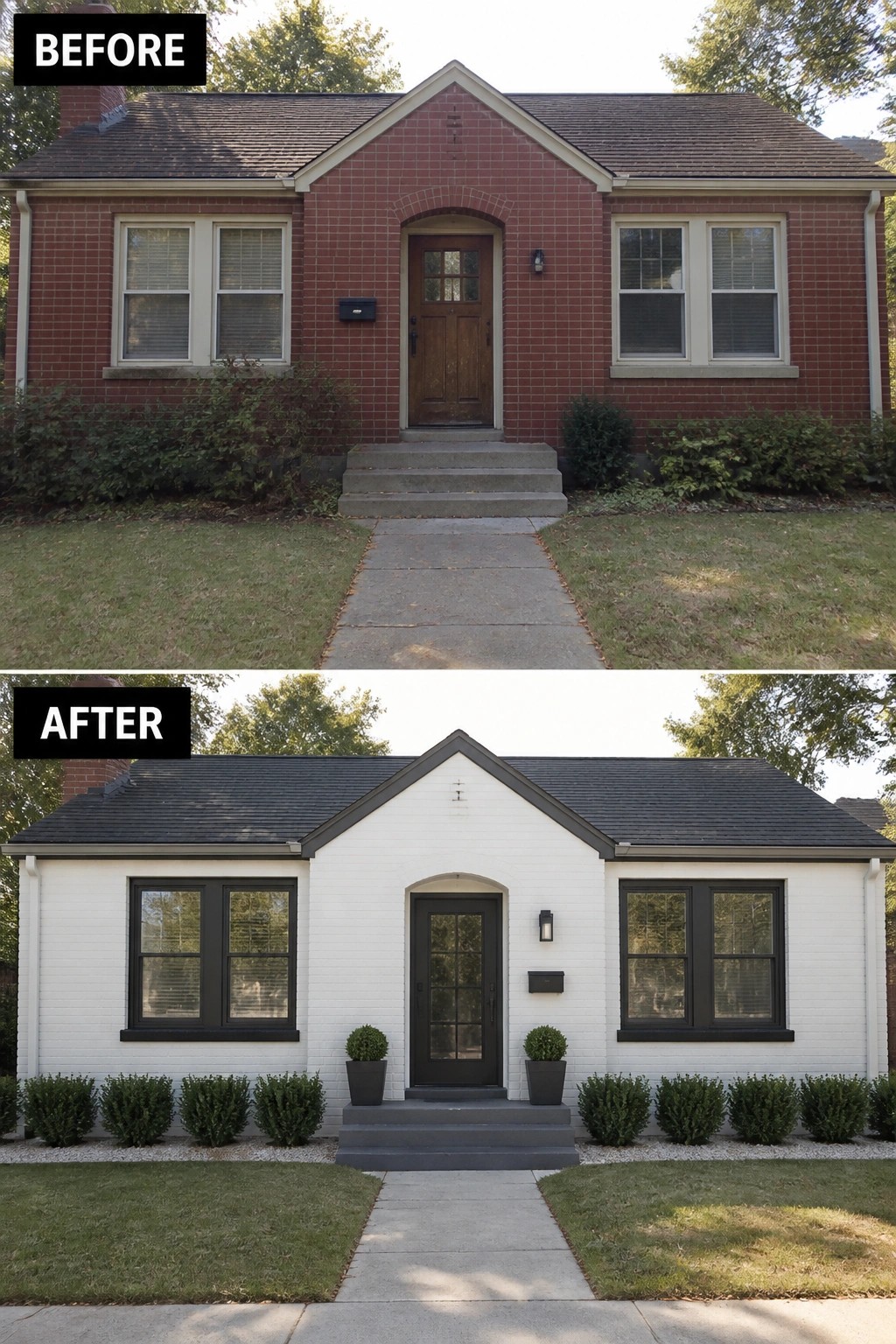 Before-and-after views of red brick house repainted white with black trim and updated landscaping.