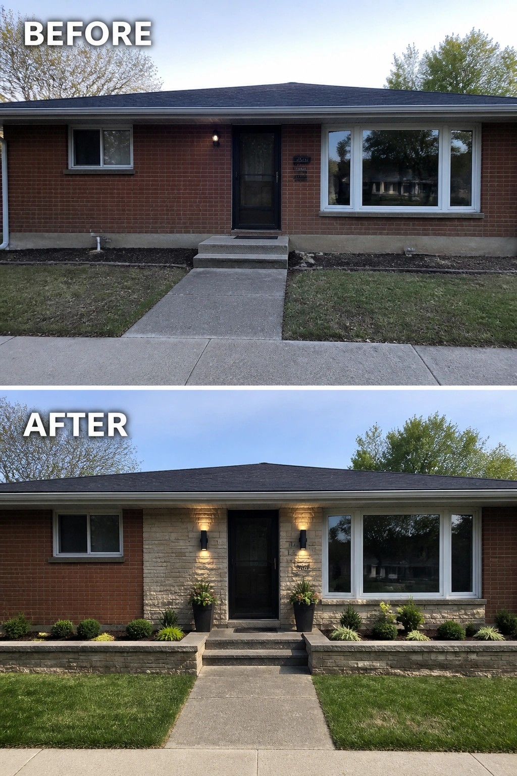 Before and after of brick house with new stone facade, lighting, and landscaping.