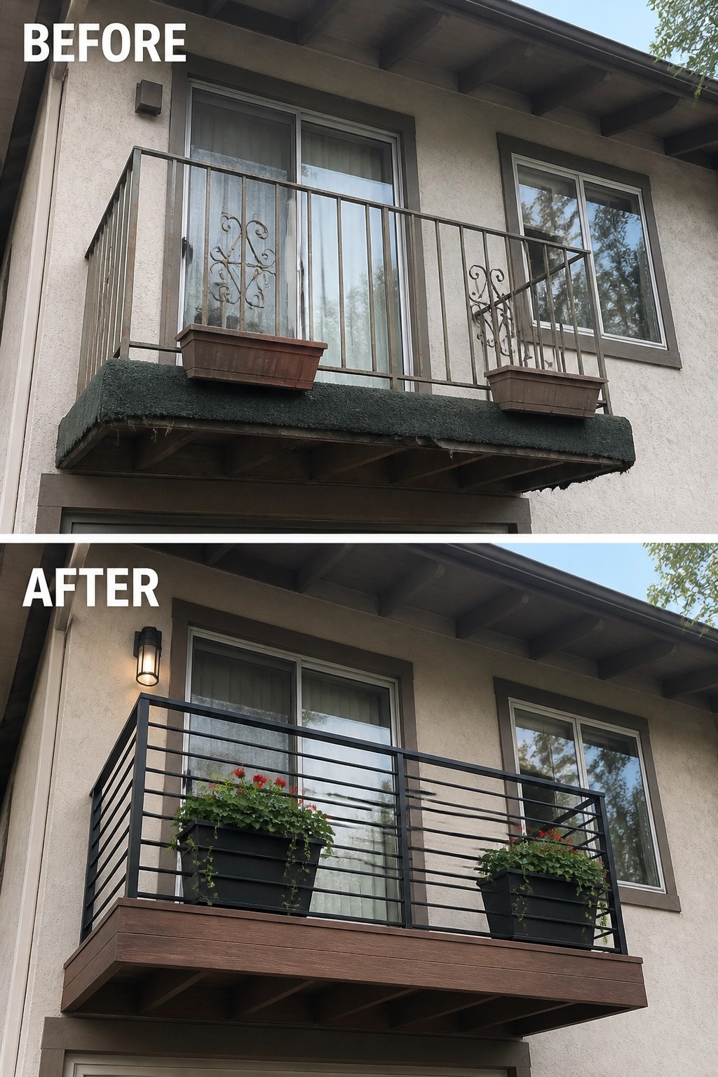 Before-and-after image of a balcony with dated railing and green surface updated to modern black railings, wood decking, and new planters.