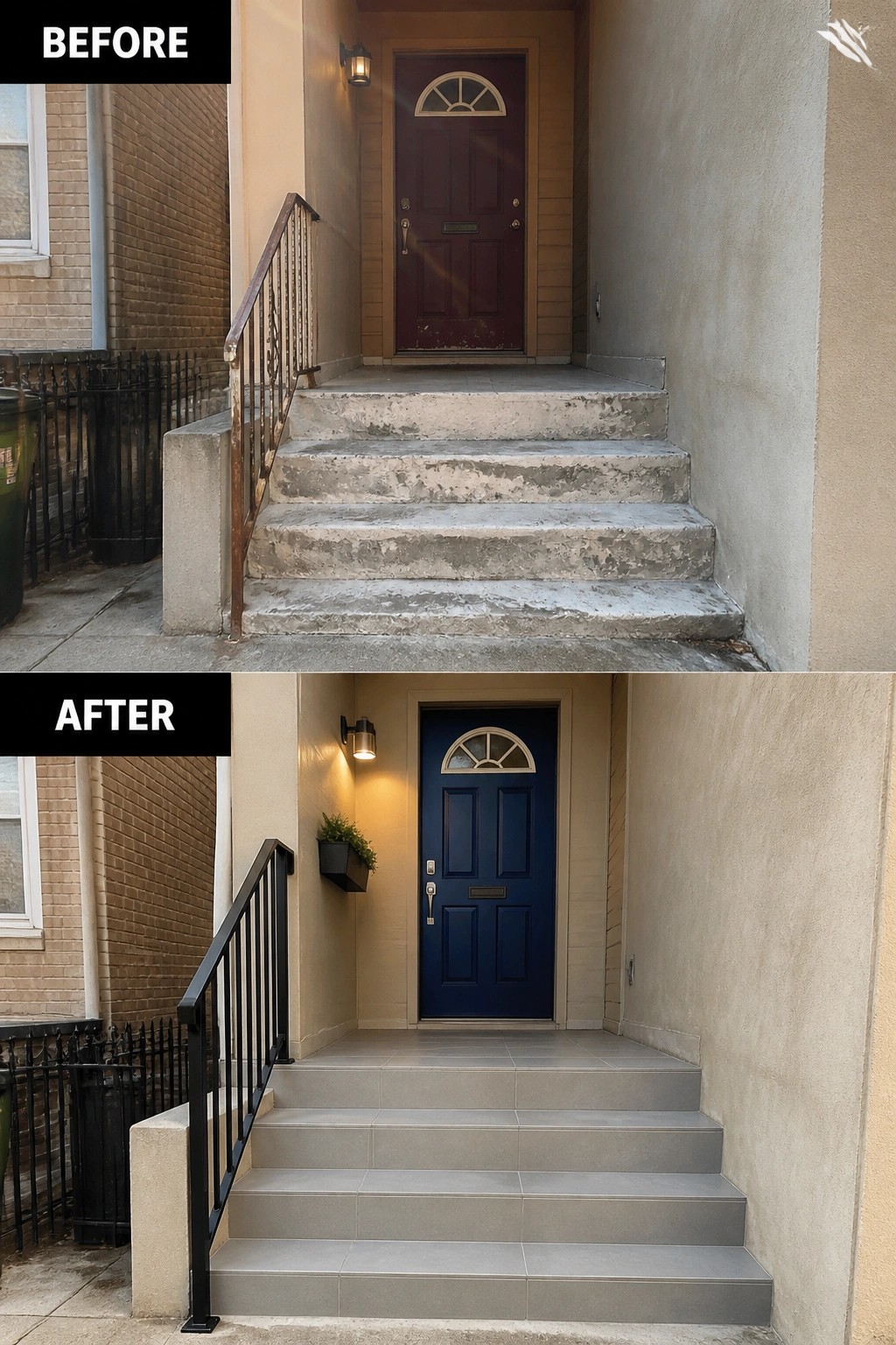 Before and after of worn stairs with red door, now modernized with gray steps and blue door.