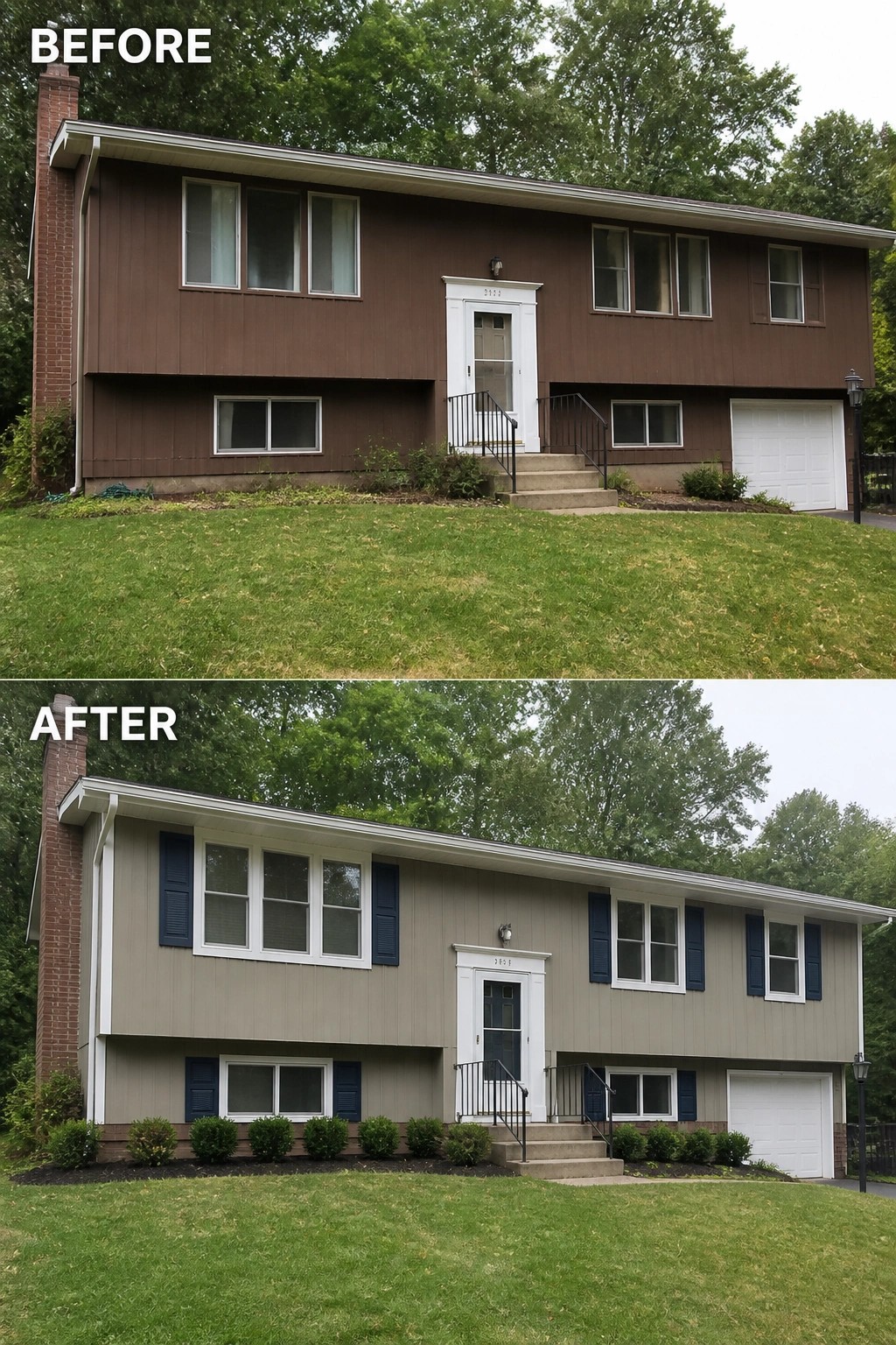 Before-and-after image of a house exterior updated from dark brown siding to light gray with blue shutters added and landscaping refreshed.