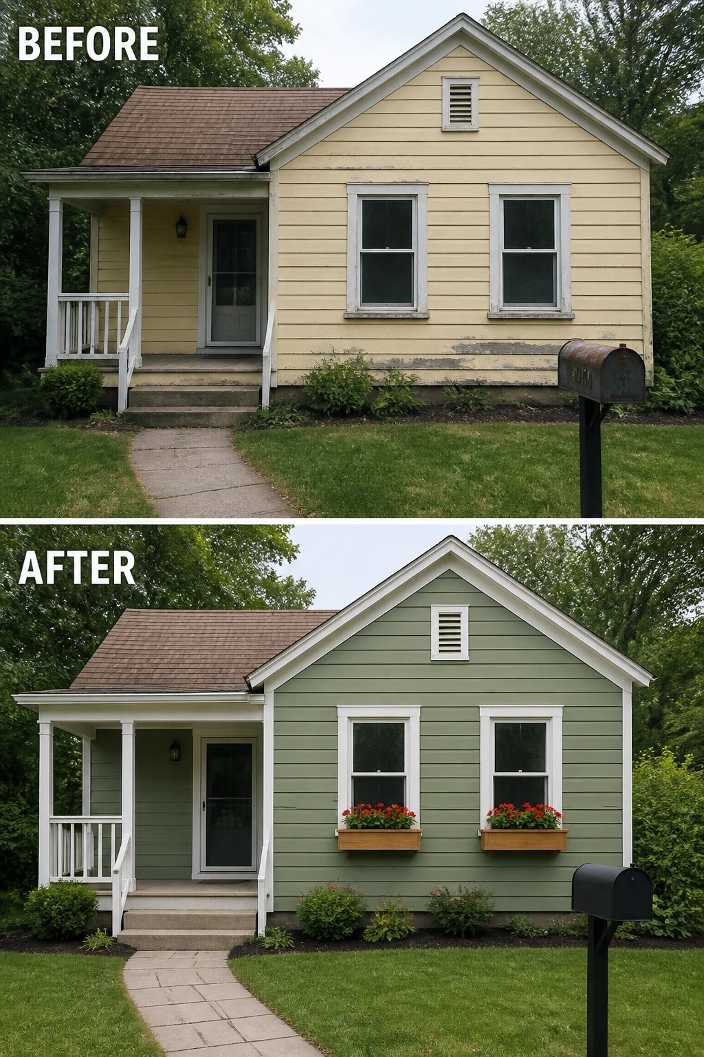 Before-and-after image of a yellow house exterior repainted green with added window boxes and an updated mailbox.