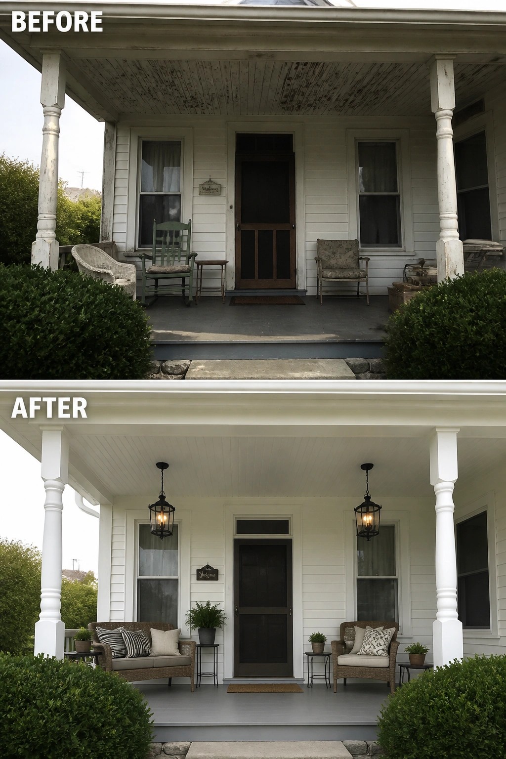 Before-and-after image of a dated front porch refreshed with white paint, new hanging lights, and coordinated seating.