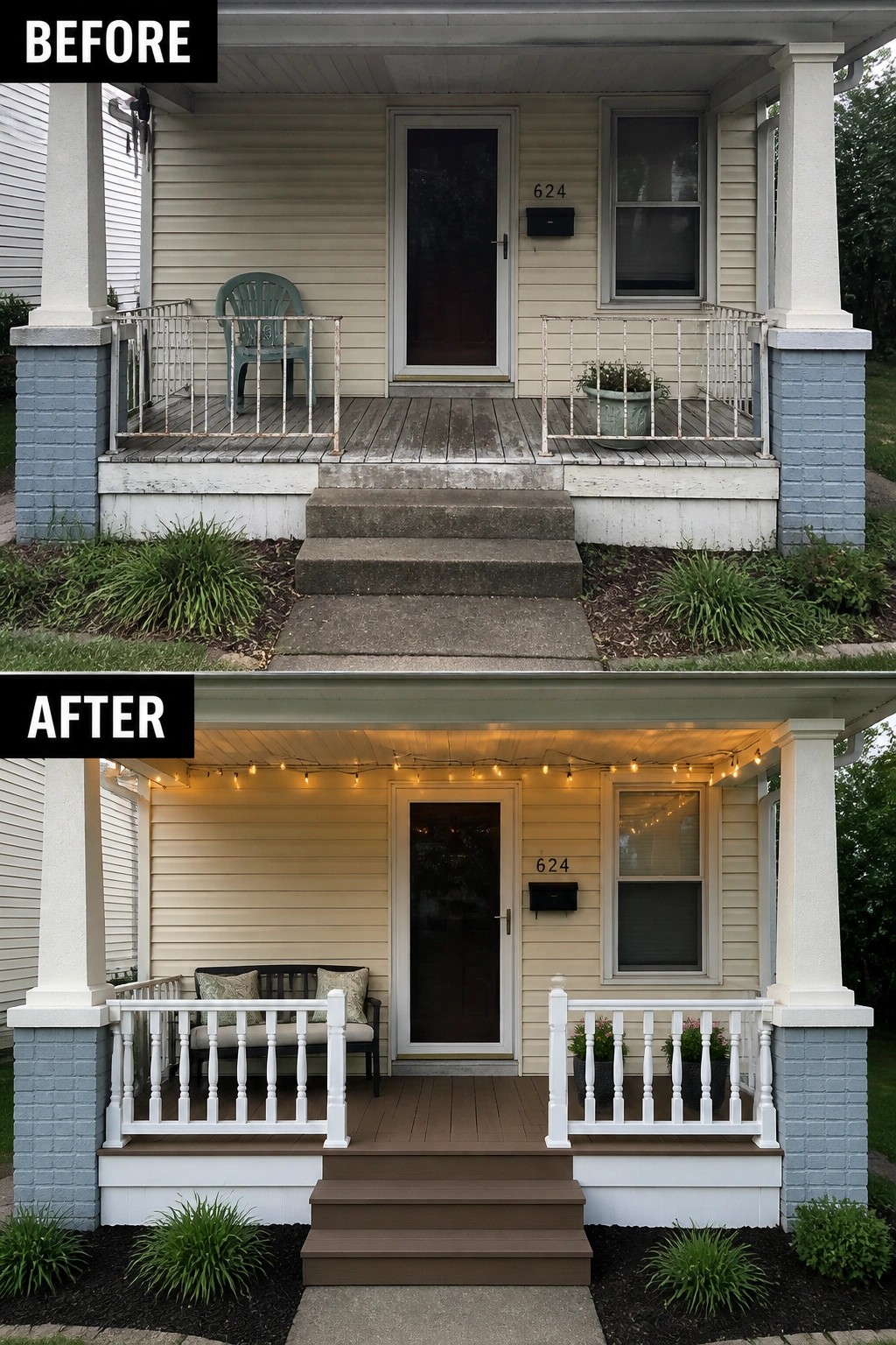 Before-and-after image of a front porch with updated white railings, brown decking, string lights, and new seating and planters.
