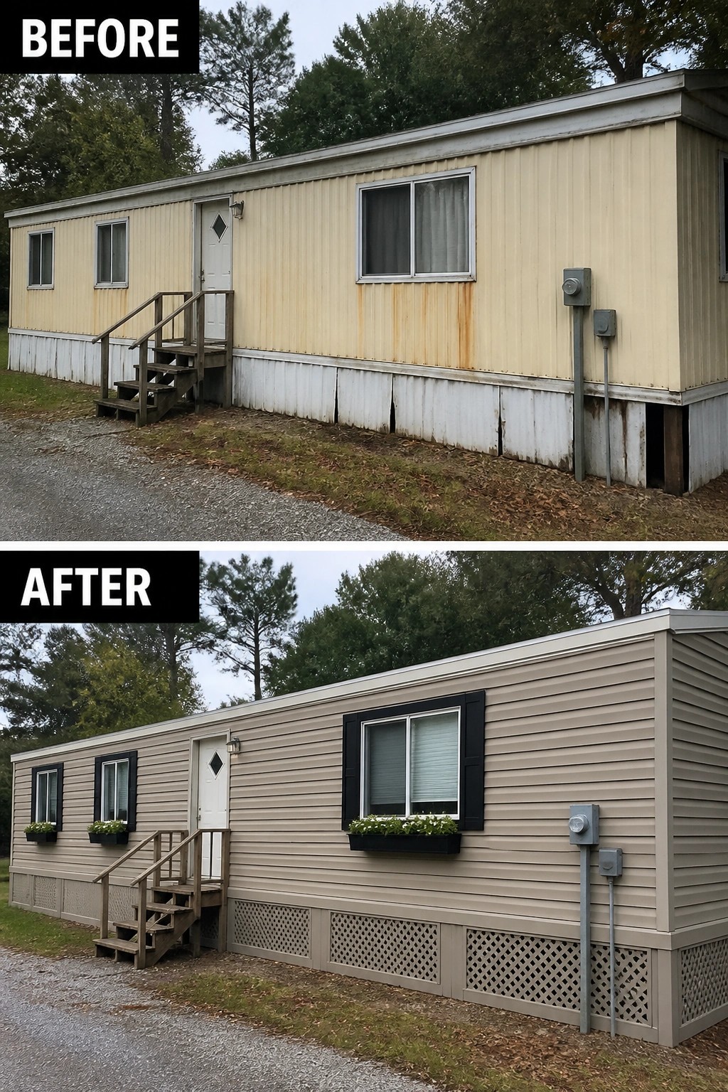 Before-and-after mobile home exterior with new gray siding, black shutters, and flower boxes.