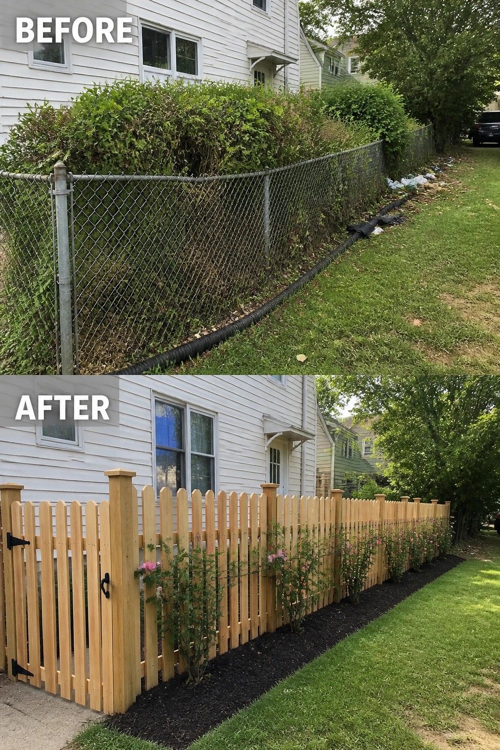 Before-and-after of chain-link fence replaced by wooden picket fence with pink roses.