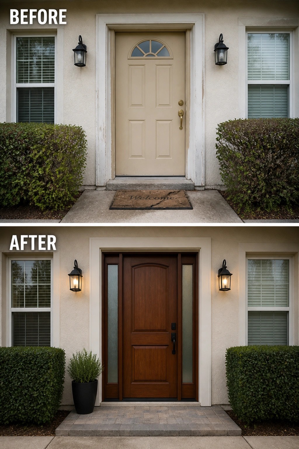Before-and-after image of a house front entrance showing an old beige door replaced by a modern dark wood door with sidelights, updated lighting, and a potted plant.