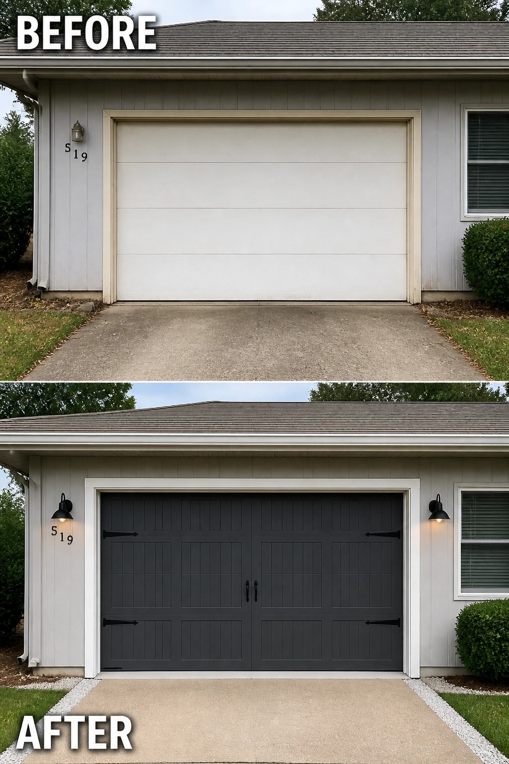 Before and after of house with white garage door replaced by dark gray carriage style.
