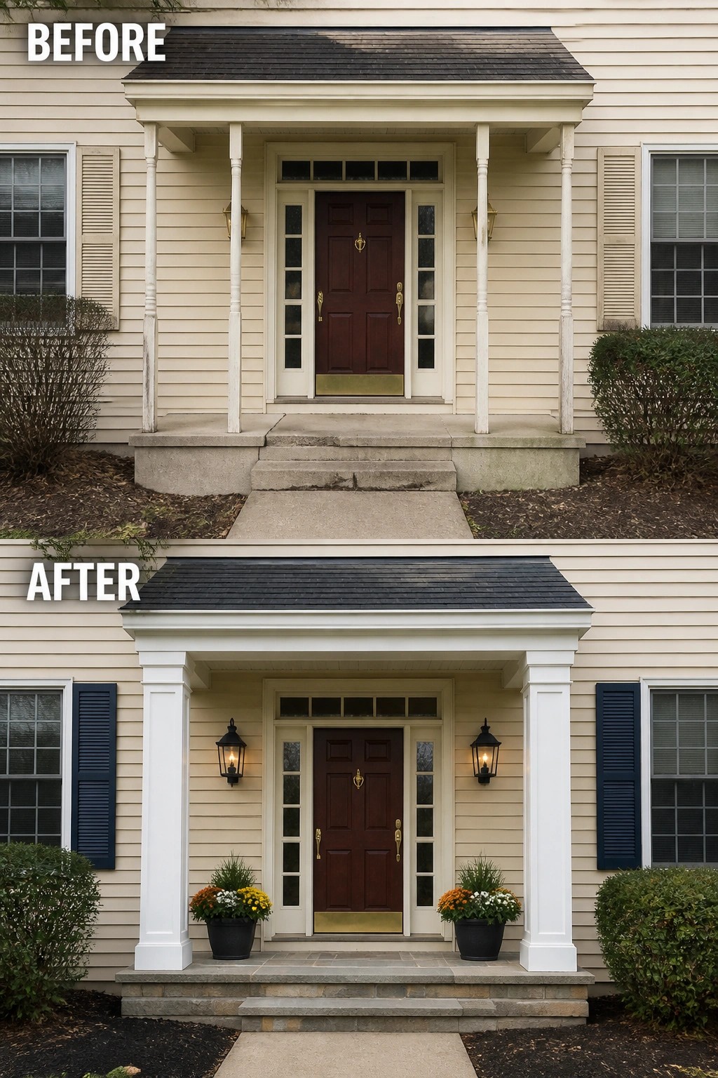 Before-and-after image of a house front entry updated with dark shutters, black lanterns, potted plants, and new stone steps.
