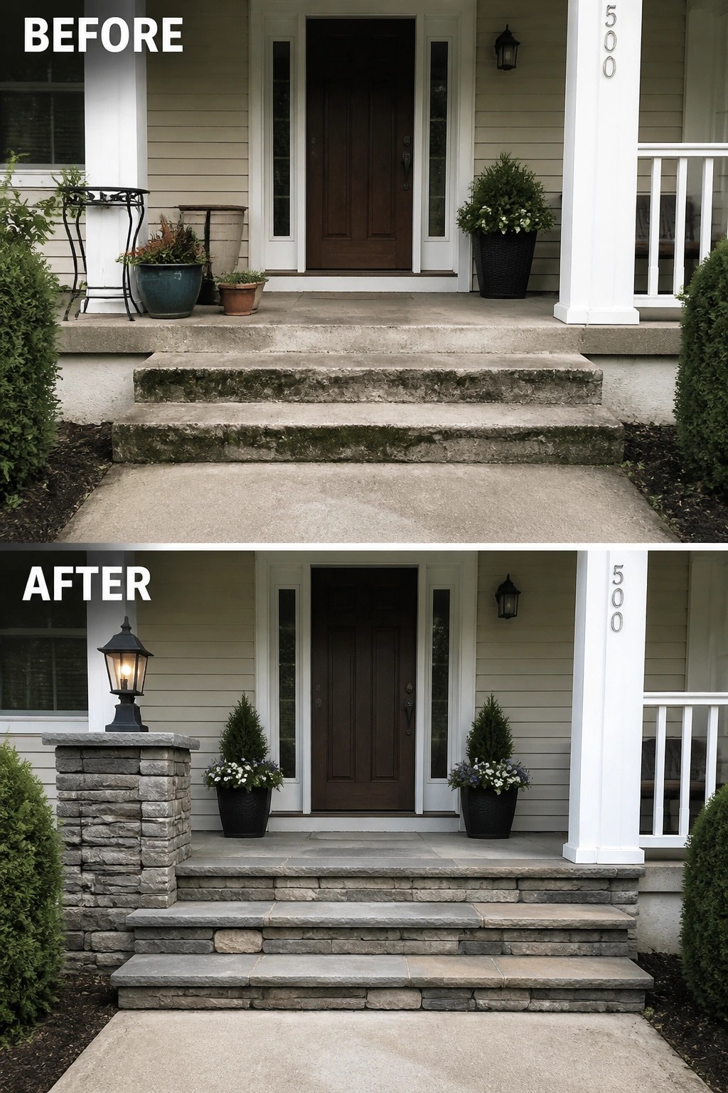 Before and after front porch with new stone steps, pillar, and lantern.