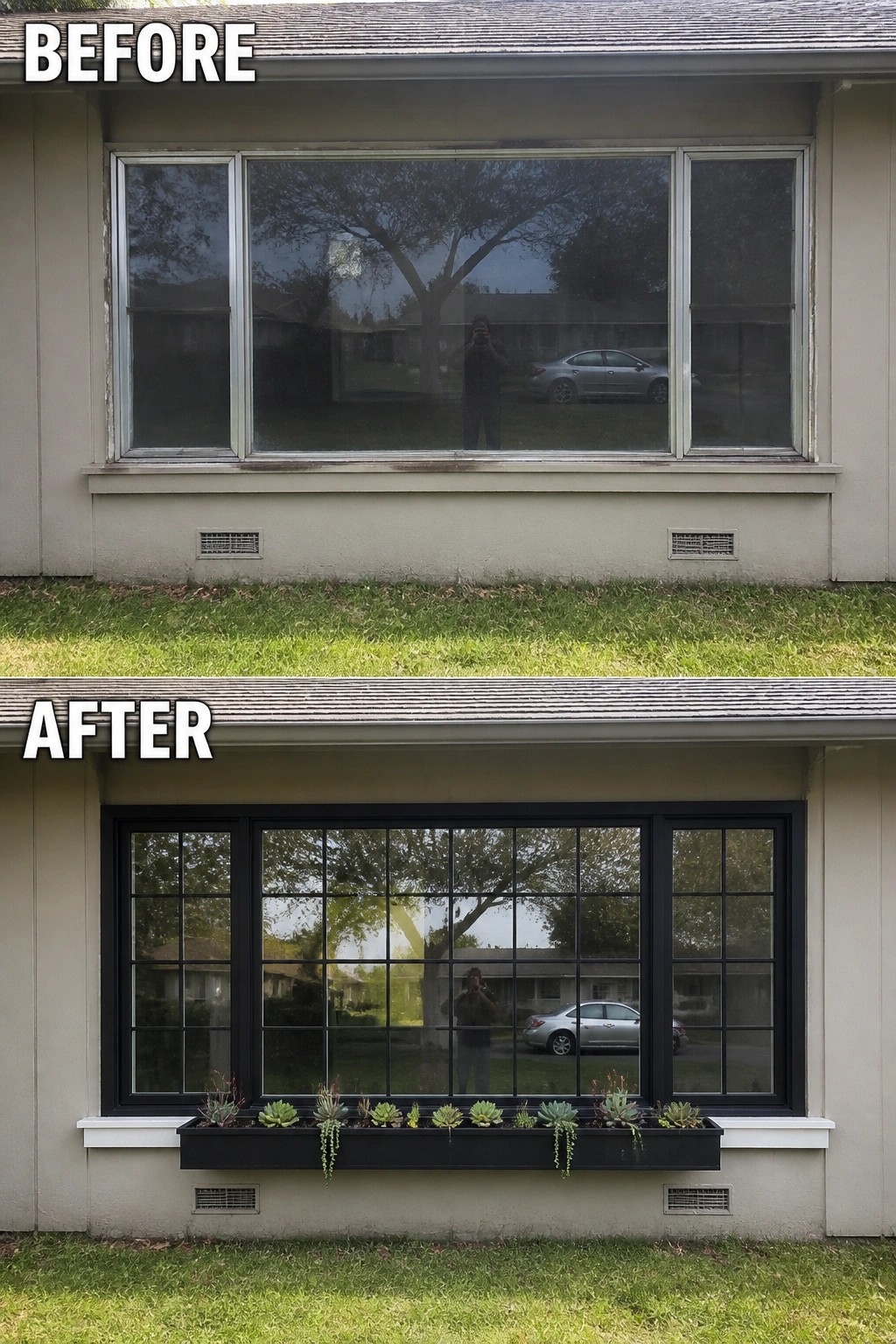Before and after of house window replaced with modern black grid frame and succulent planter.