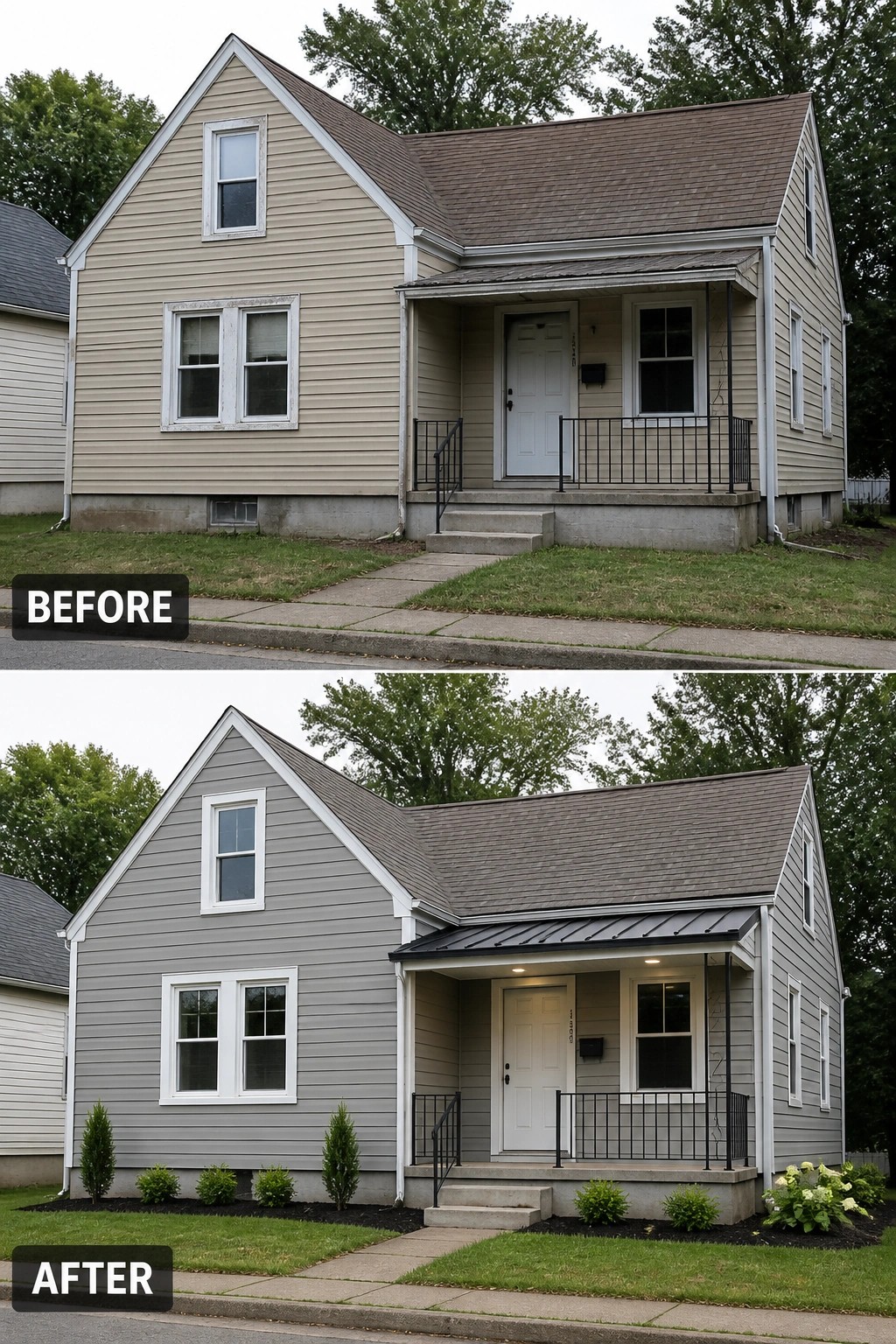 Before and after views of house exterior repainted gray with added landscaping.
