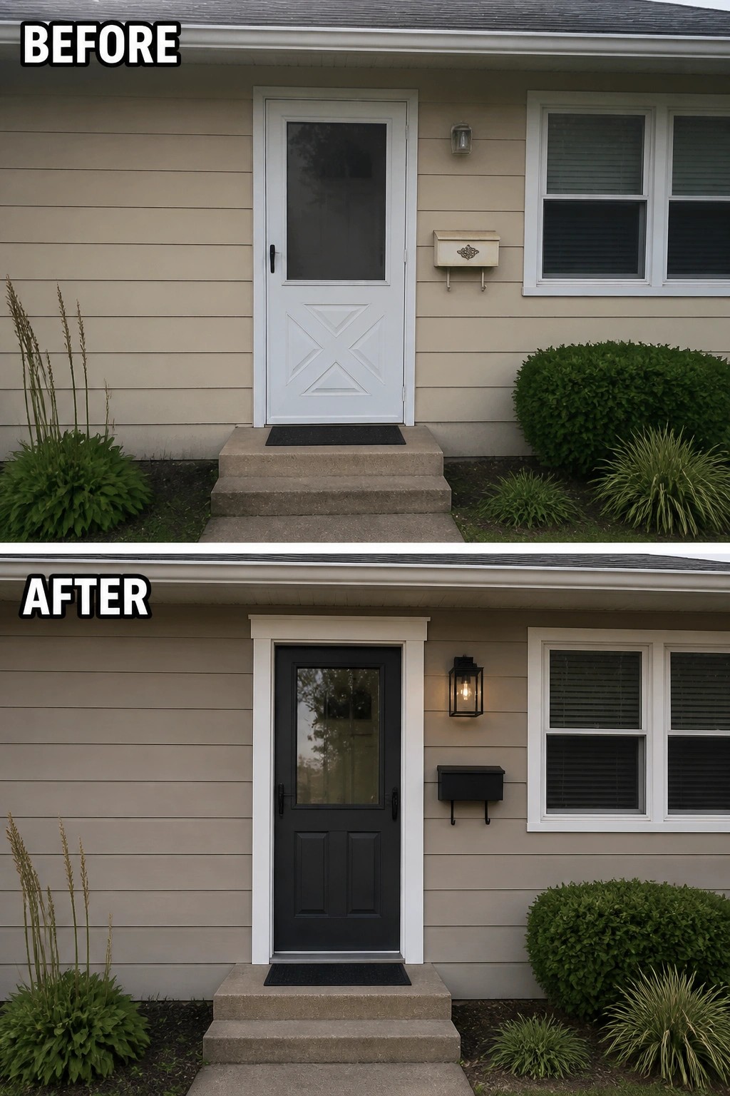 Before-and-after image of a house front entry showing a white door changed to a black door with added trim, a new lantern light, and a matching black mailbox.