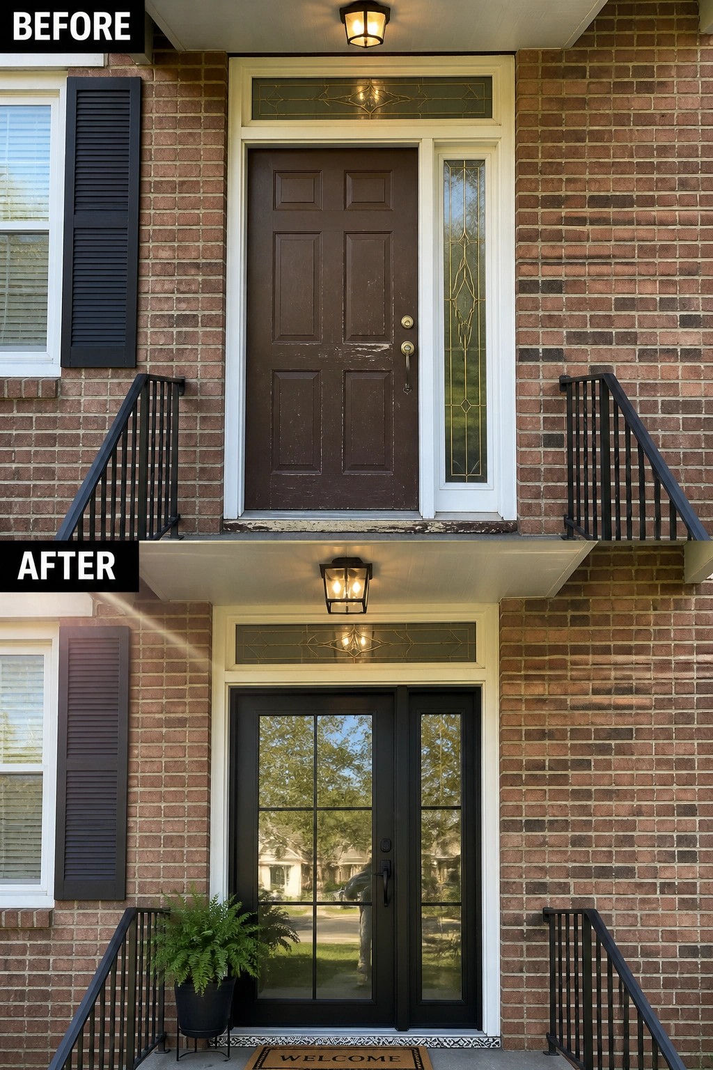 Before-and-after image of a brick house entrance showing an old brown door replaced with modern black double doors along with new lighting and a potted plant.