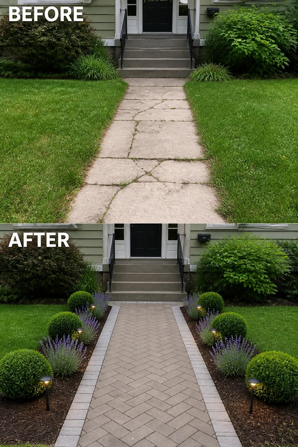 Before-and-after image of a cracked concrete walkway replaced with a paver path bordered by planted garden beds with shrubs and lights.