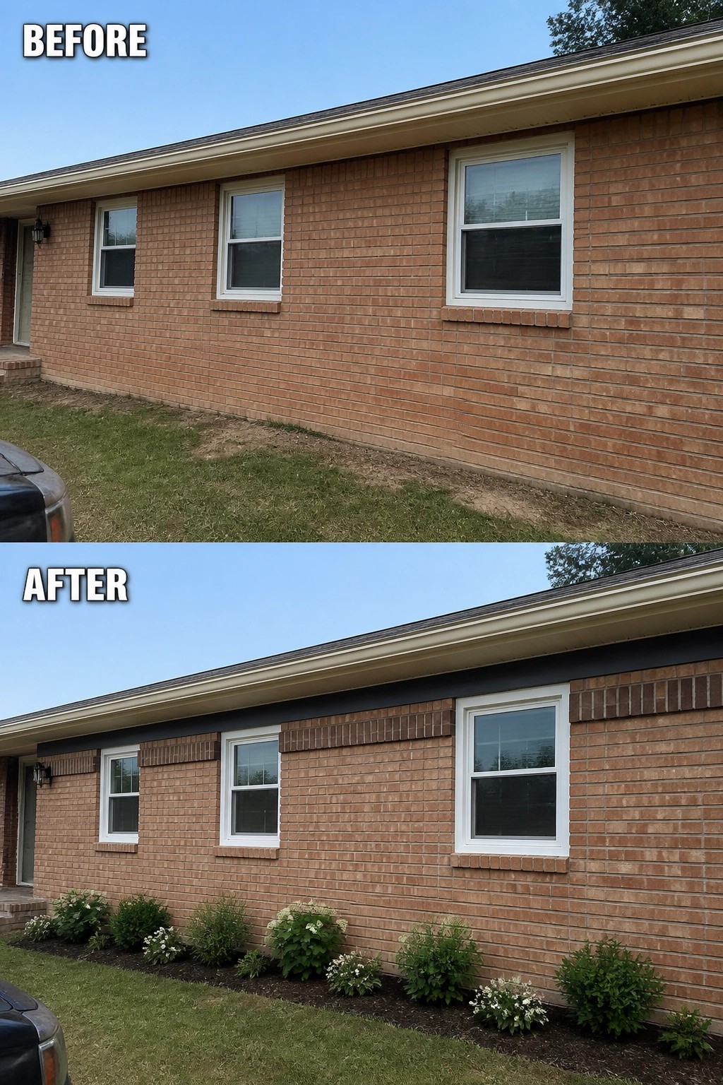 Before-and-after image of a brick ranch exterior updated with a defined foundation garden of repeating shrubs, mulch, and a darker trim band under the eaves.