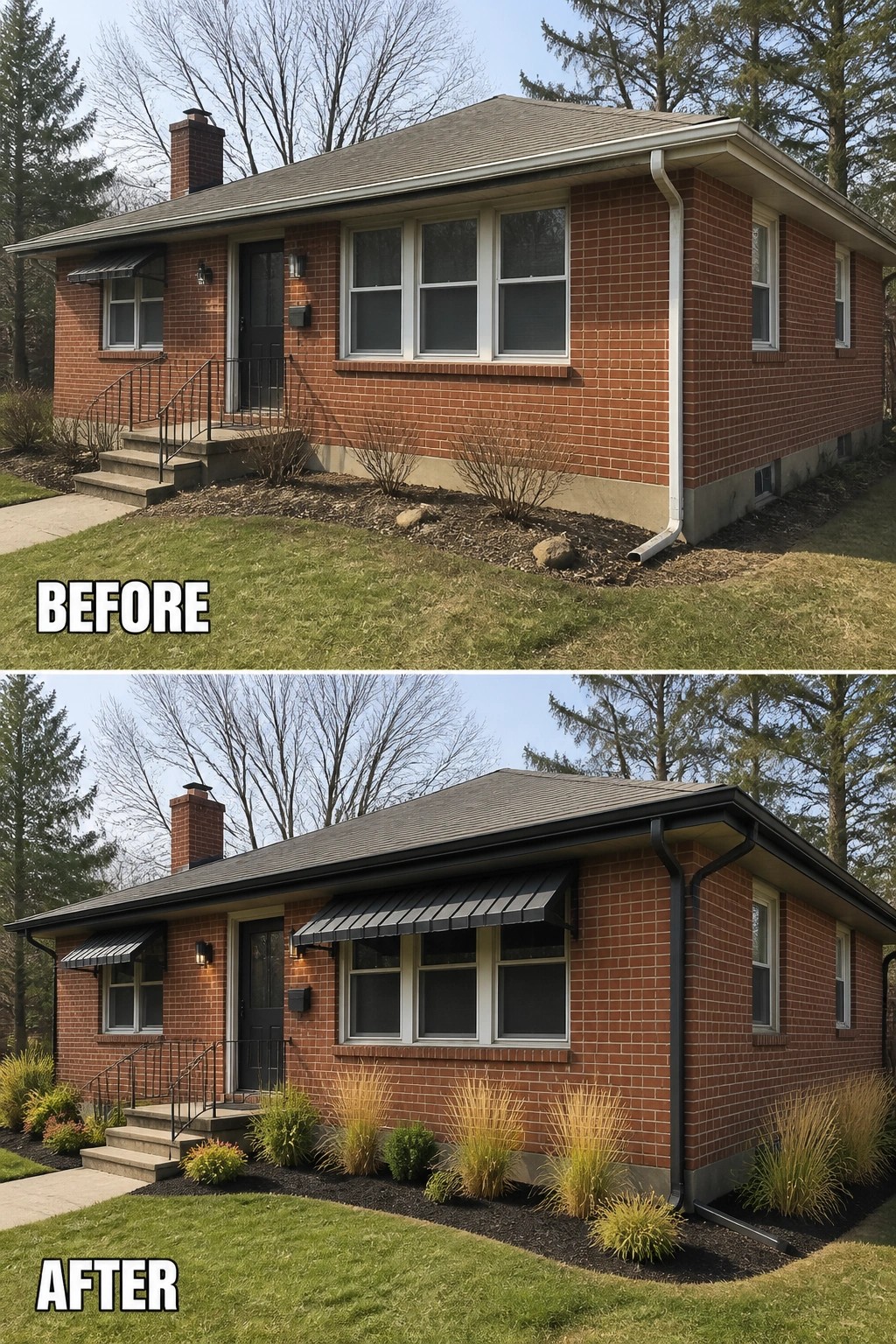Before-and-after image of a brick ranch exterior updated with dark metal window awnings and gutters plus new mulch planting beds with ornamental grasses.
