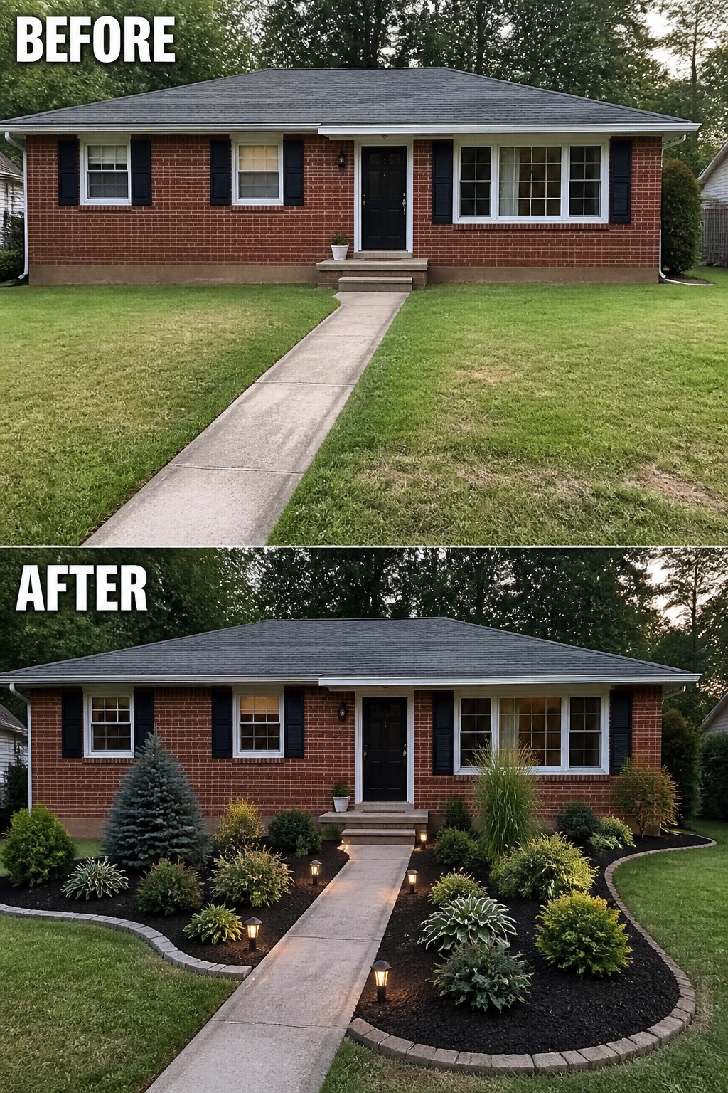 Before-and-after front yard: brick house with plain lawn transformed into mulched beds, shrubs, pathway lights.
