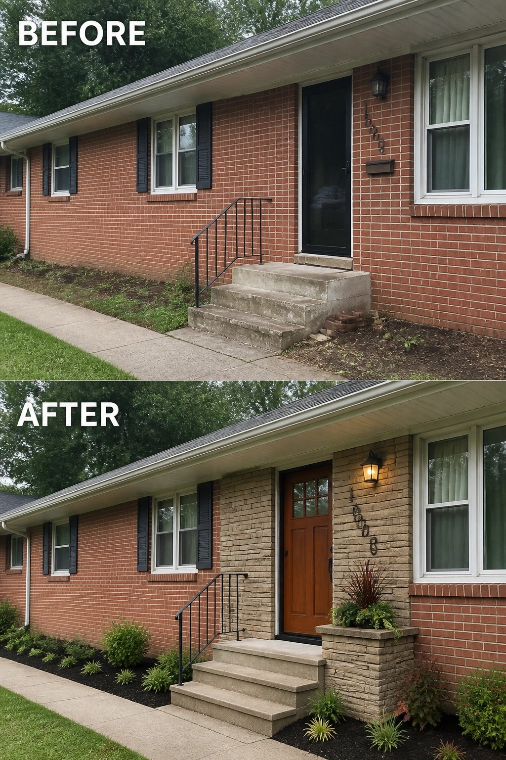 Before-and-after image of a brick ranch front entry updated with a new wood door, stone-clad surround, planter, and fresh landscaping.