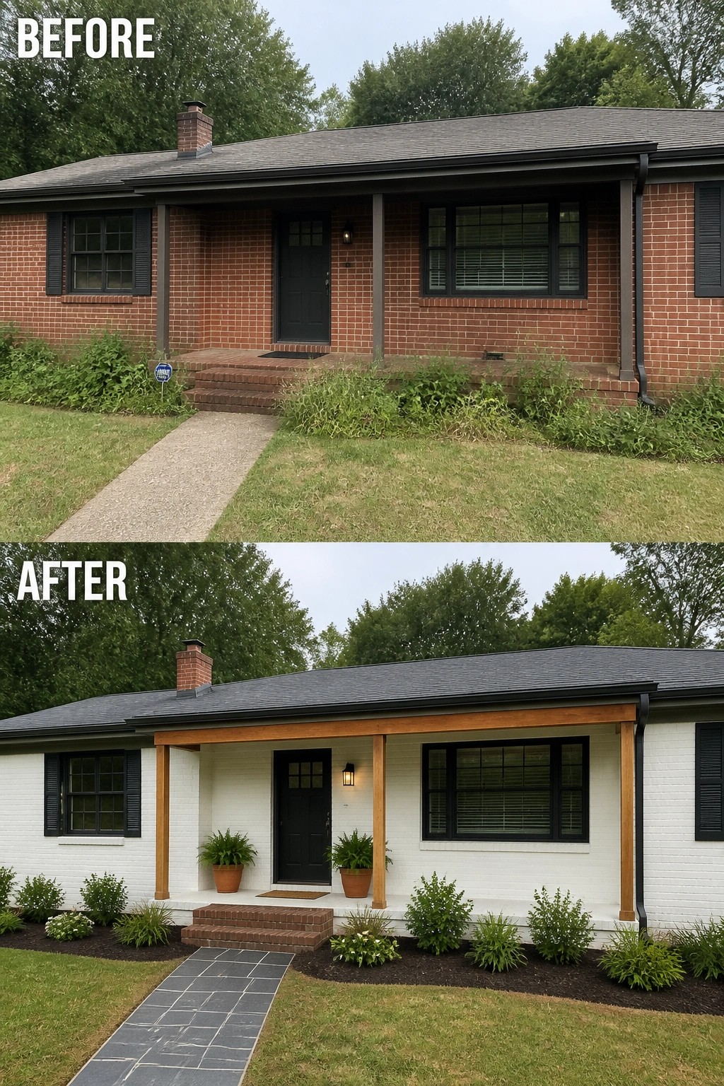Before-and-after image of a brick ranch front showing the porch updated with painted white brick, new wooden porch posts, planters, and a defined walkway.