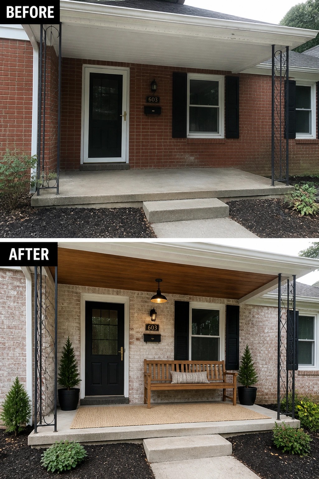 Before-and-after porch: plain brick top; renovated bottom with whitewashed brick, black door, bench.
