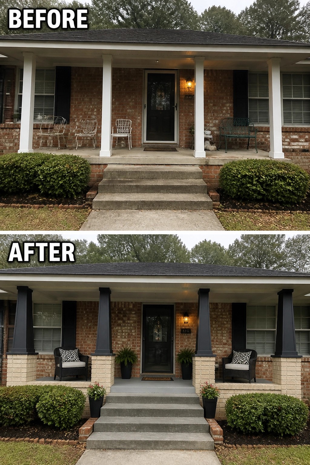 Before-and-after image of a front porch updated by painting and widening the columns and adding seating and planters to create a defined entry.