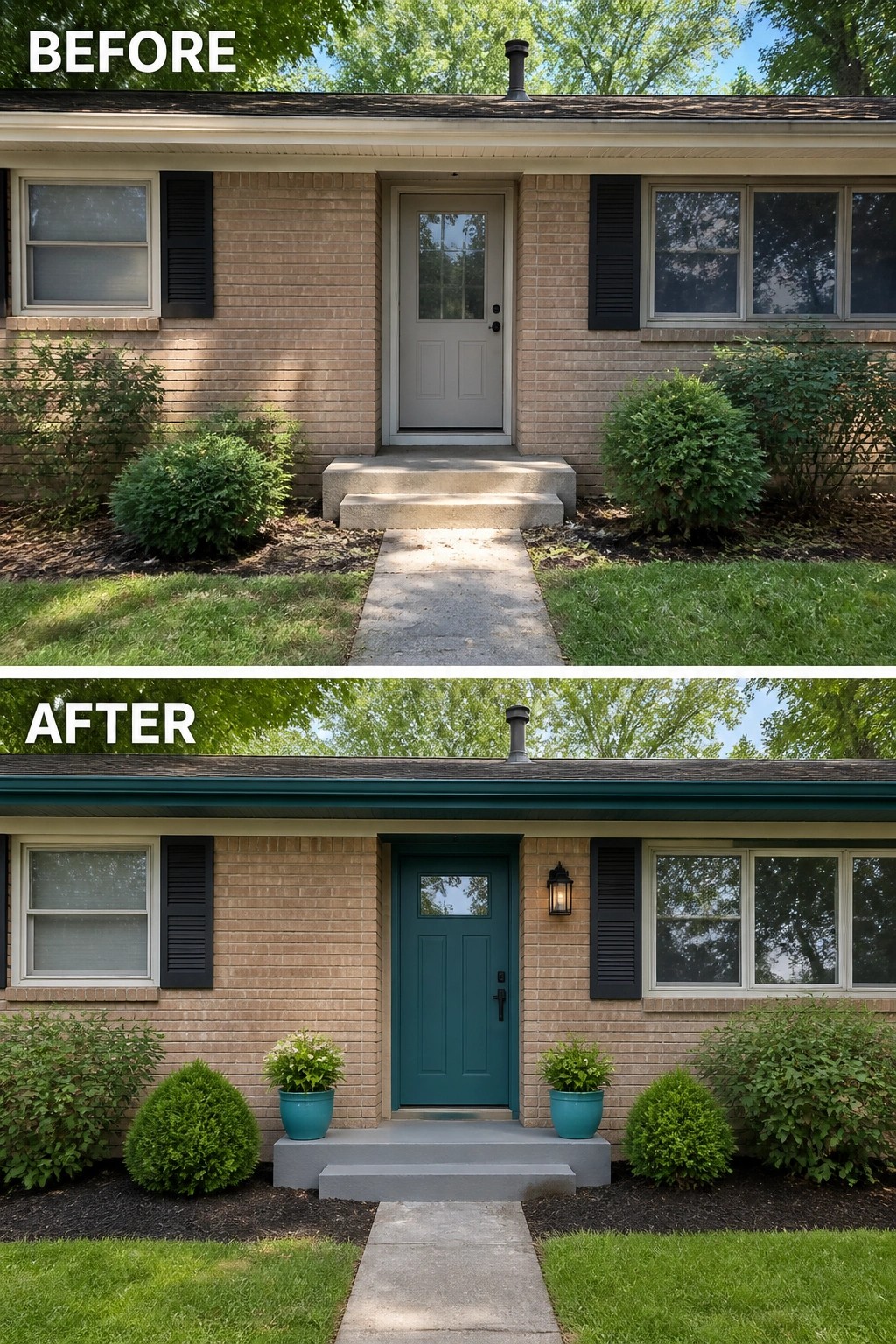 Before-and-after image of a plain brick ranch front porch updated with a painted teal front door and matching planters.