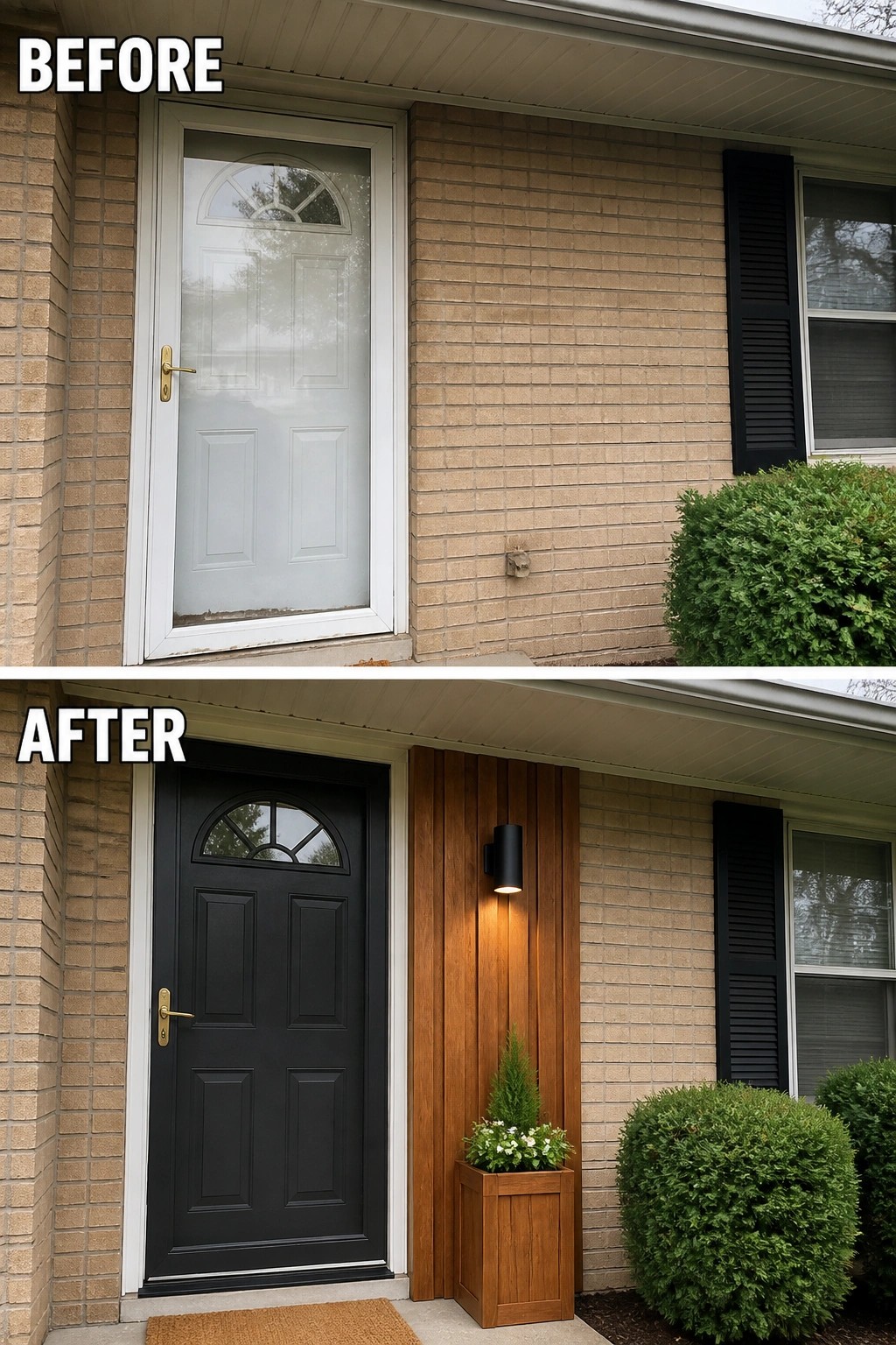 Before-and-after image of a plain front porch updated with a dark painted front door, a vertical wood accent panel, a wall sconce, and a planter.