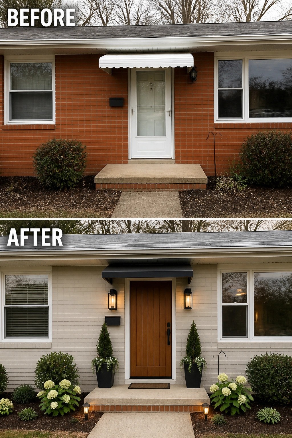 Before and after front entry showing light gray painted brick, wooden door, black awning, lanterns.