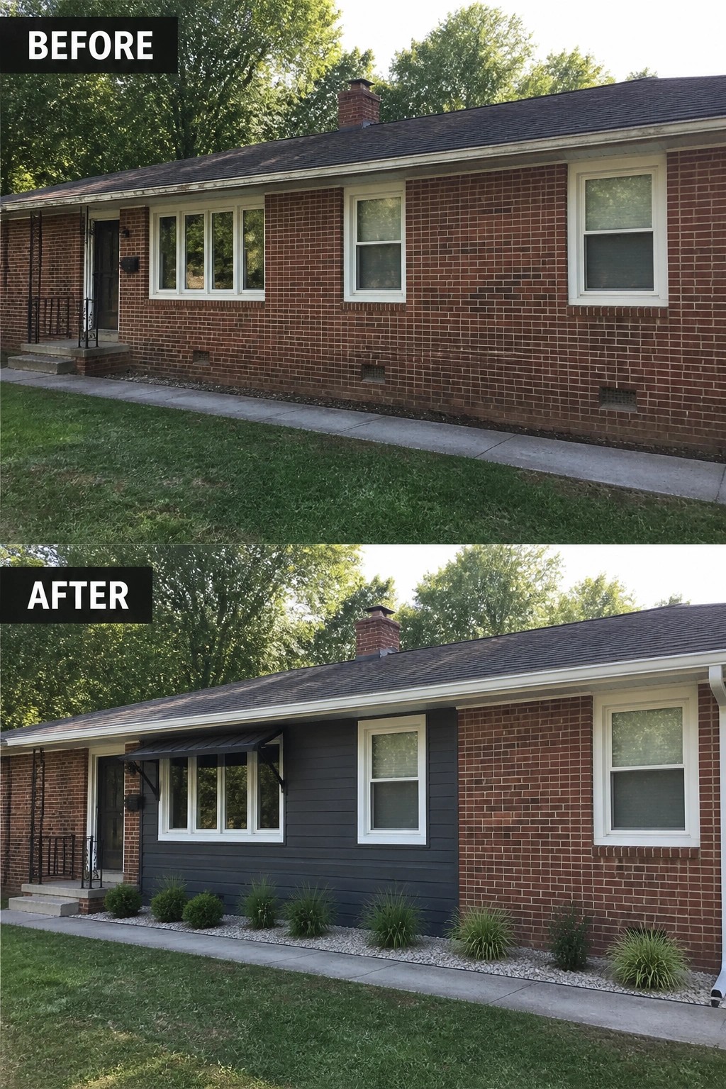 Before-and-after image of a brick ranch where a section around the front windows was painted dark, fitted with a metal awning, and bordered by a gravel planting bed with ornamental grasses.