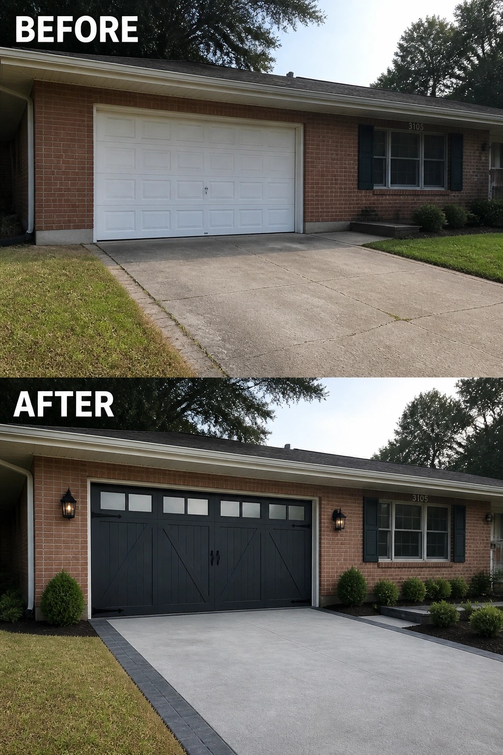 Before-and-after image of a brick ranch showing a plain white garage door replaced with a dark carriage-style door with windows, new lantern lights, and a neat driveway border.