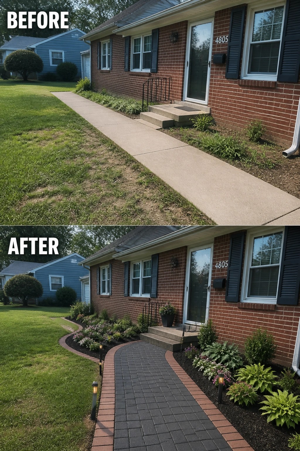 Before-and-after image of a plain concrete walkway replaced with a curved dark paver path, brick edging, new planted beds, and pathway lights.
