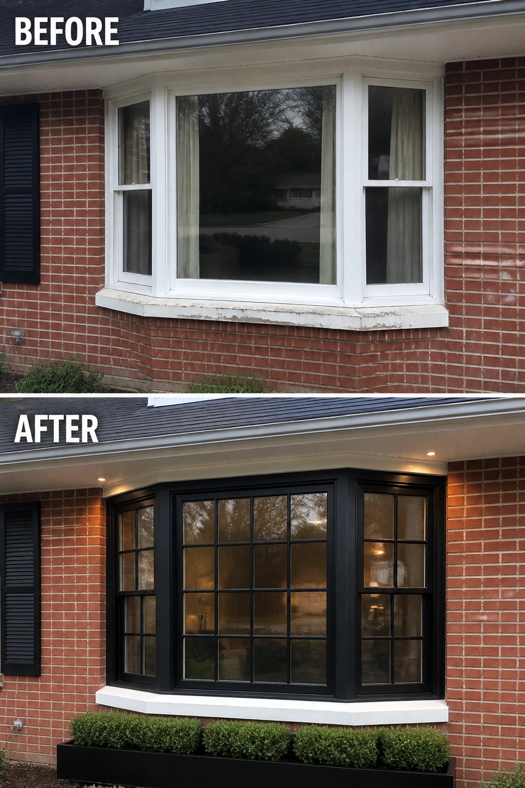 Before-and-after image of a brick bay window updated by painting the white trim black, adding divided-light grilles, and installing a planter box.