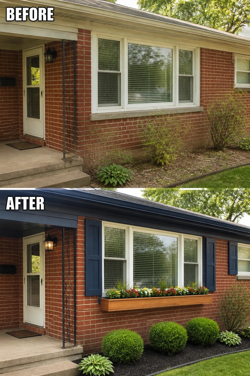 Split before/after front brick house: bare yard versus navy trim, wooden flowerbox, manicured shrubs