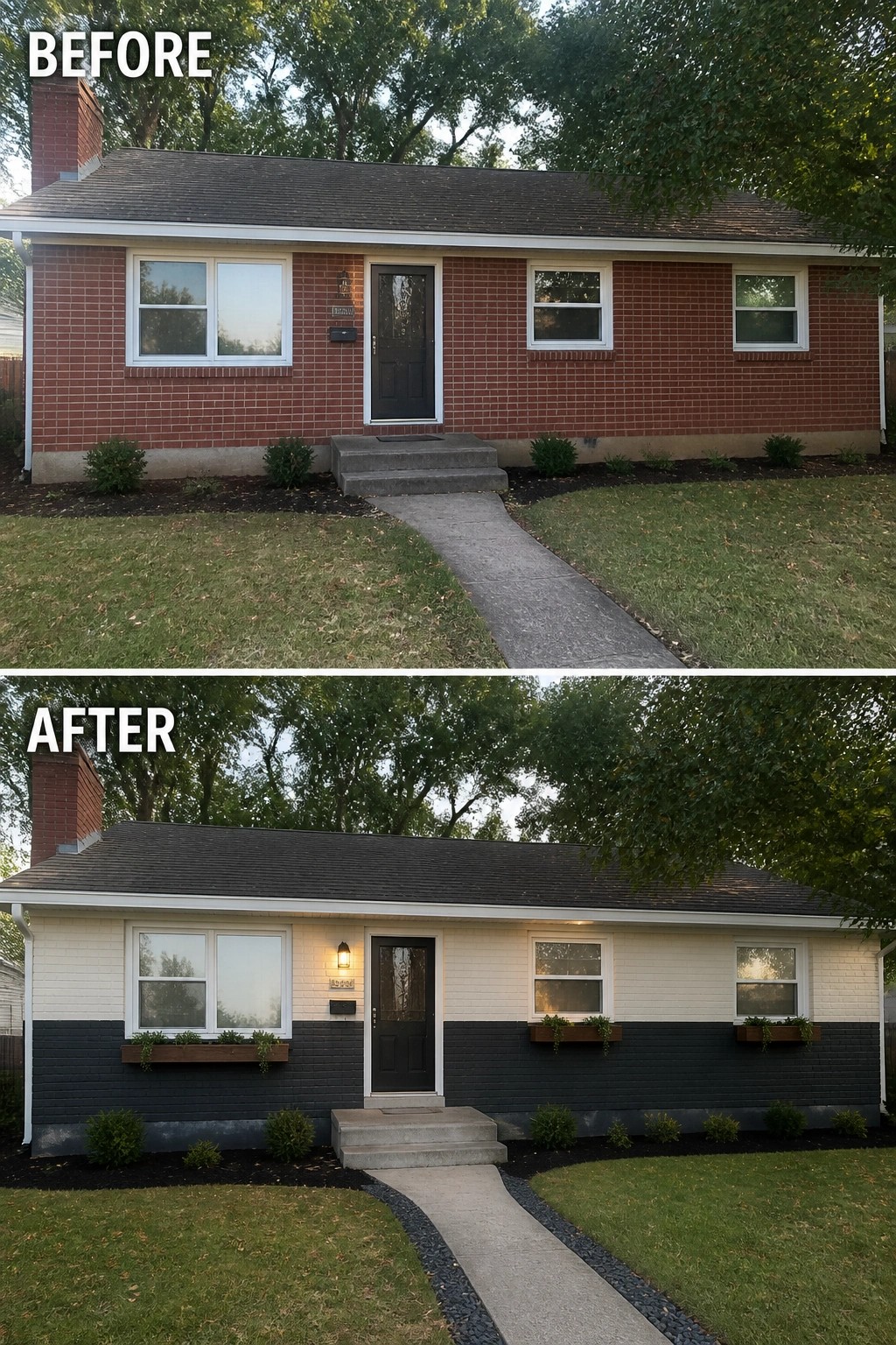 Before-and-after image of a single-story brick ranch updated by painting the lower half dark and the upper half light, with added window boxes and a new porch light.