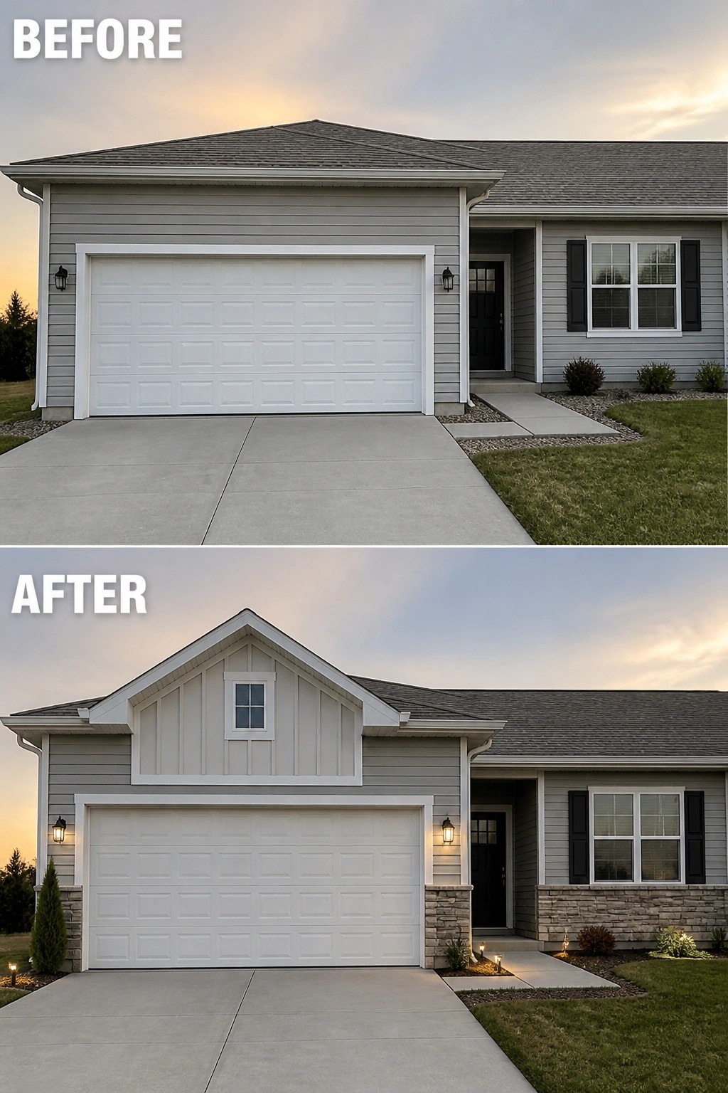Before-and-after image of a house where a flat attached garage is updated with a decorative gable above the door and a stone skirt with added exterior lighting.