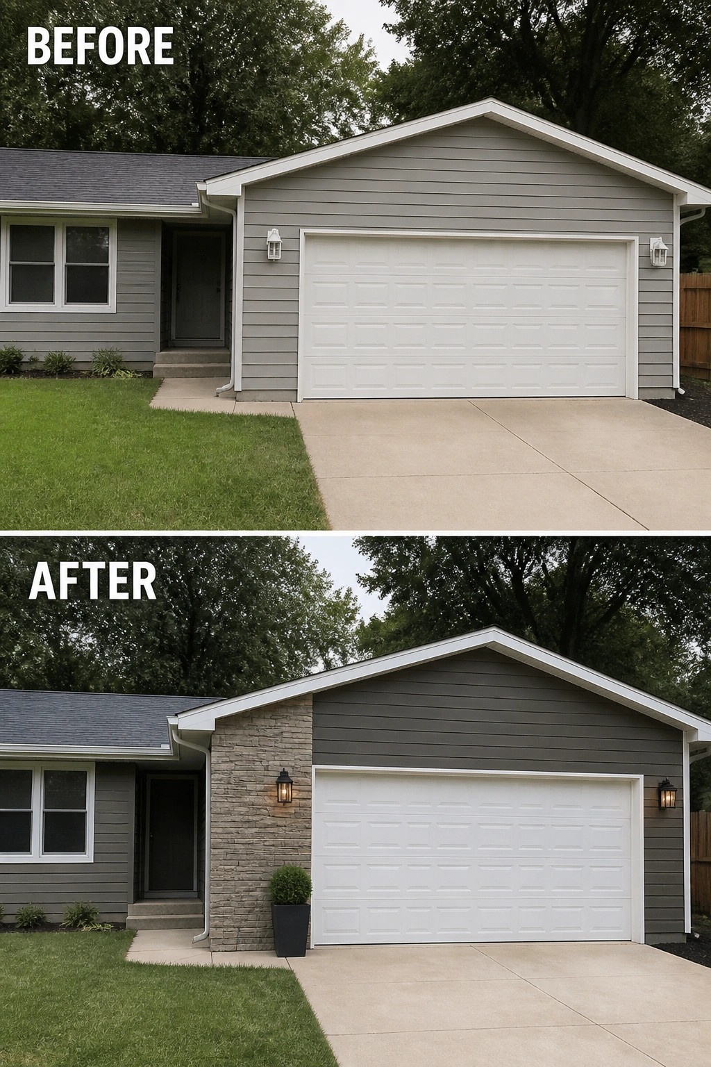 Before-and-after image of a ranch-style house where a plain garage facade is updated with a vertical stone accent, exterior lanterns, and a potted plant.