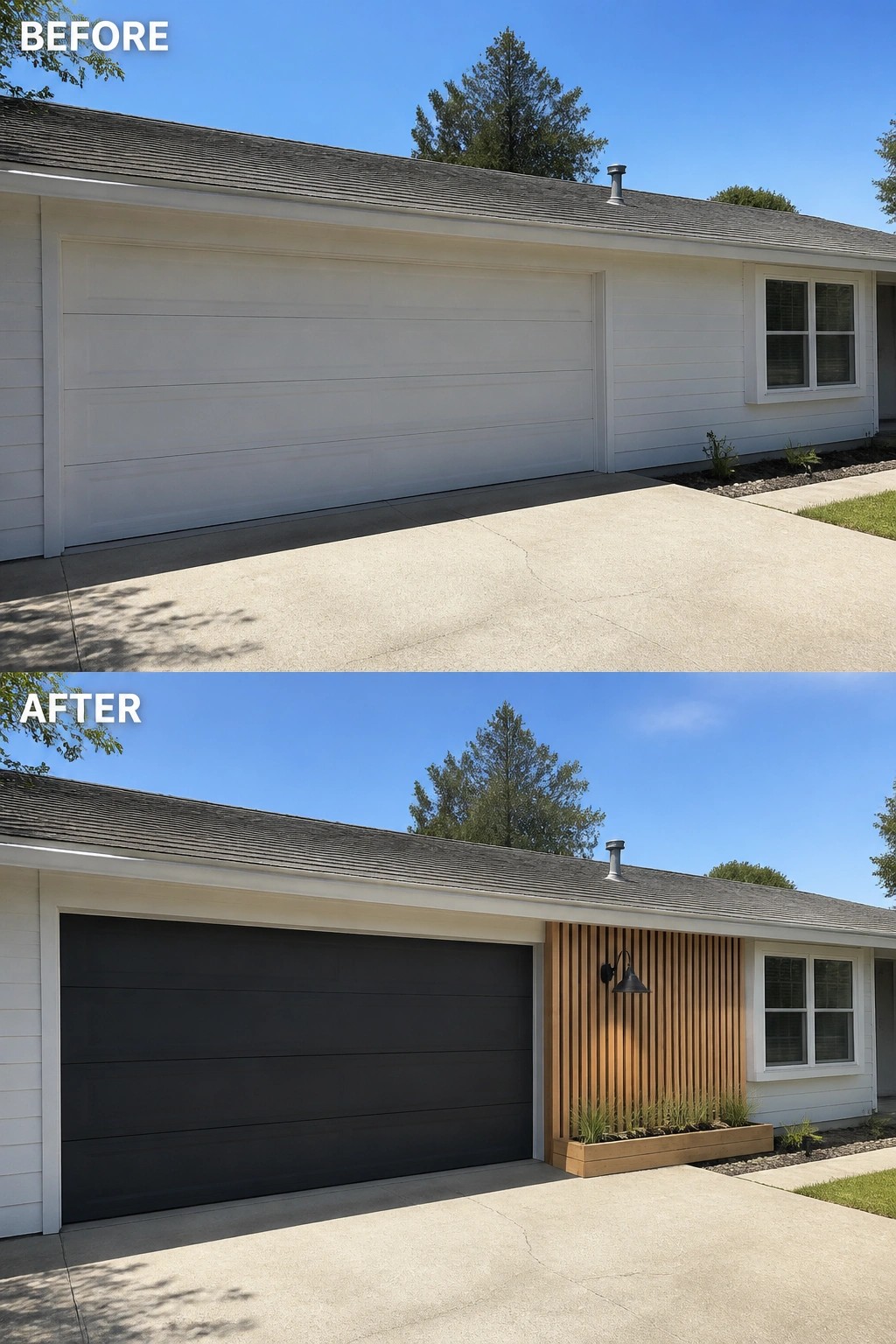 Before-and-after image of a ranch home's attached garage updated by replacing the plain door with a dark modern garage door and adding a vertical wood slat screen with a planter and wall light.